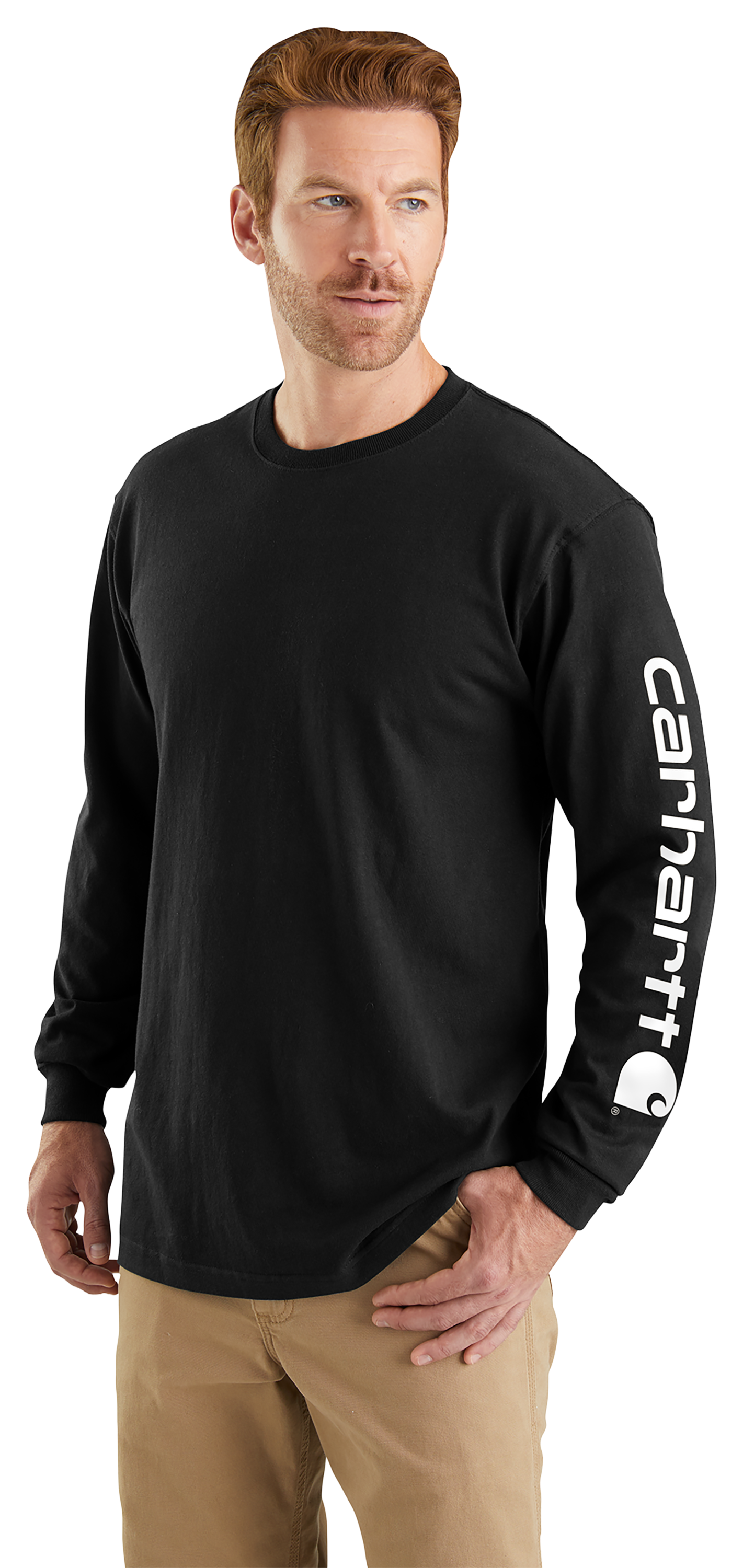 Image of Carhartt Loose-Fit Heavyweight Logo Sleeve Graphic Long-Sleeve T-Shirt for Men - Black