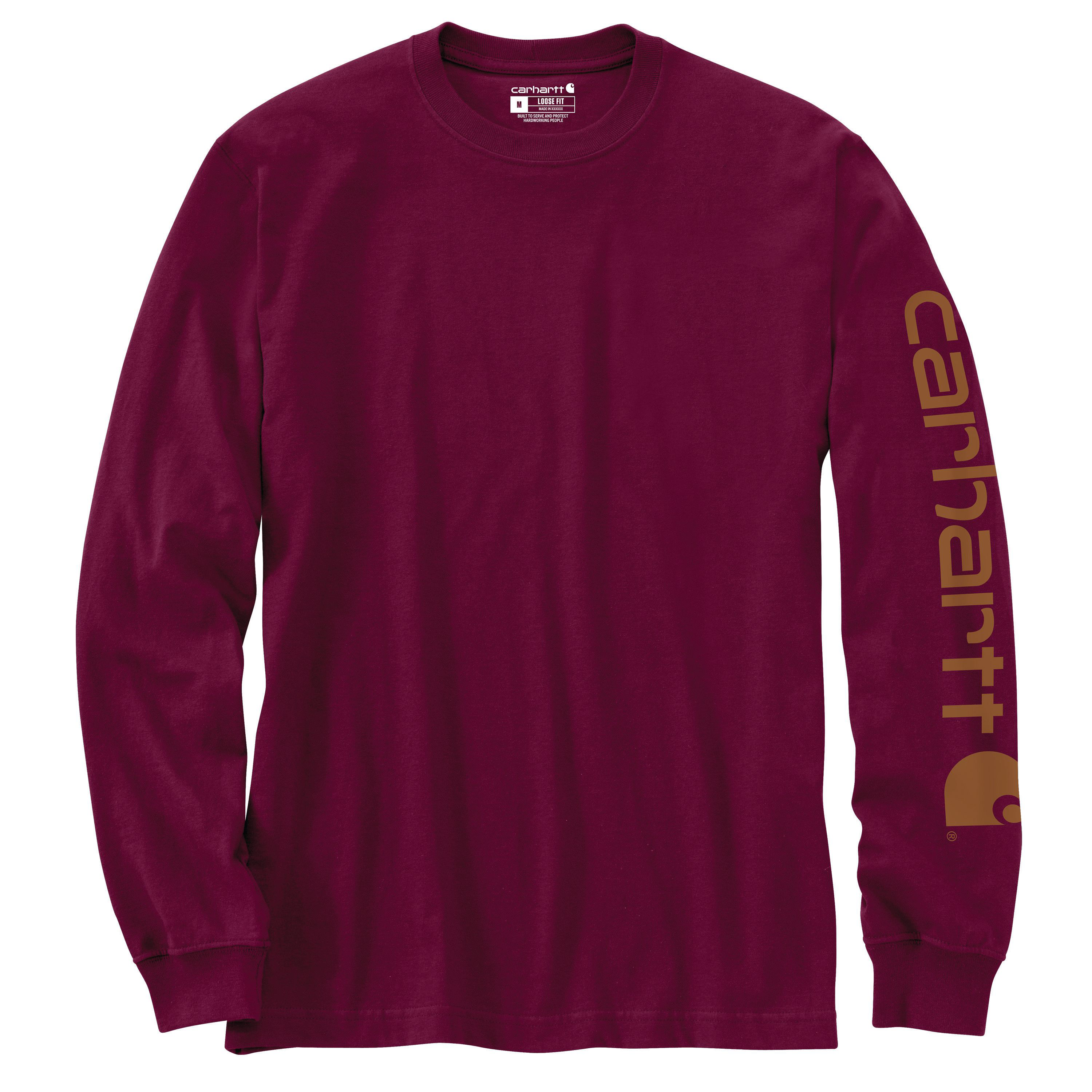 Image of Carhartt Loose-Fit Heavyweight Logo Sleeve Graphic Long-Sleeve T-Shirt for Men - Port
