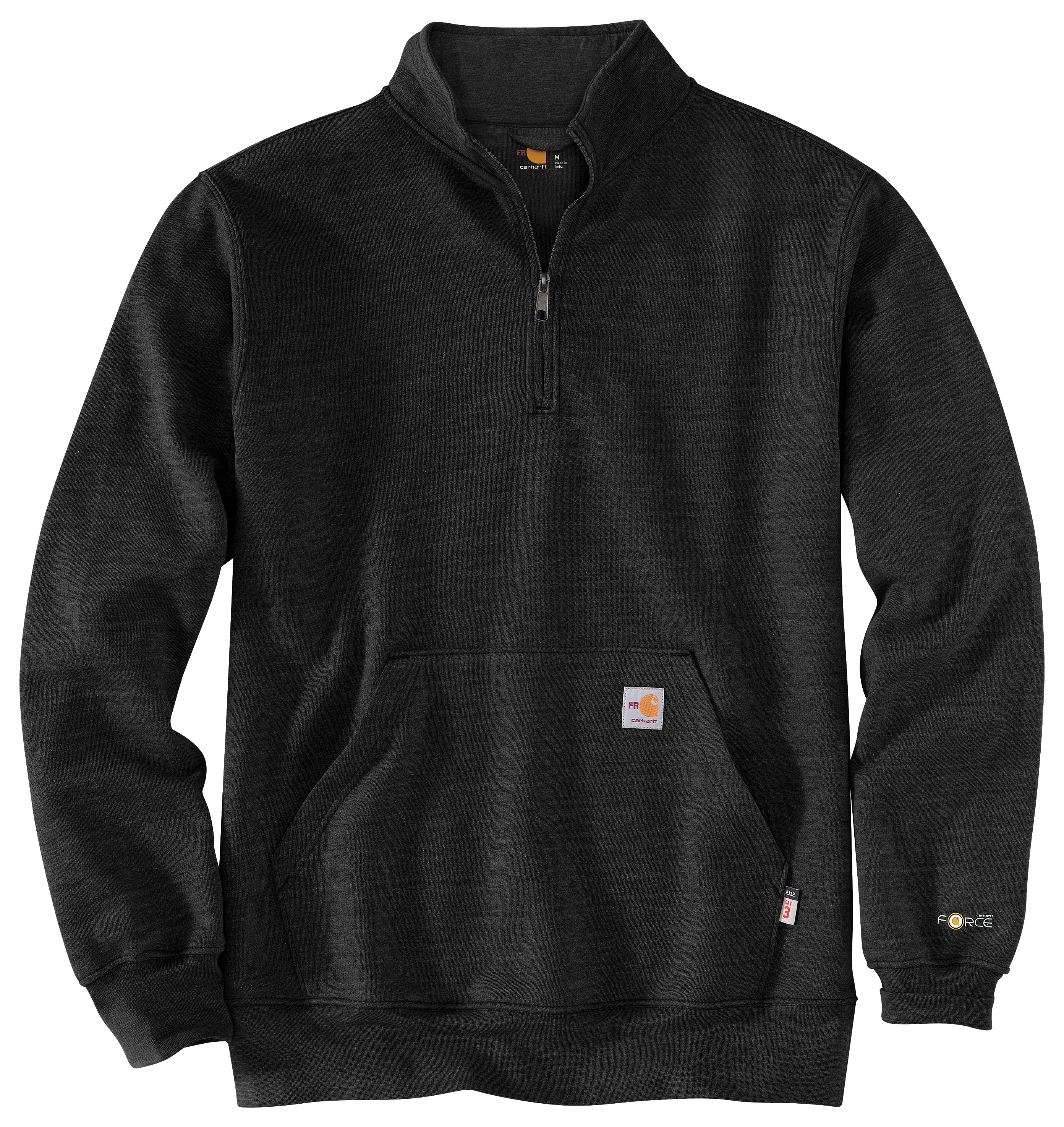 Image of Carhartt Force Flame Resistant Loose-Fit Midweight Quarter-Zip Long-Sleeve Sweatshirt for Men - Black Heather - XLT