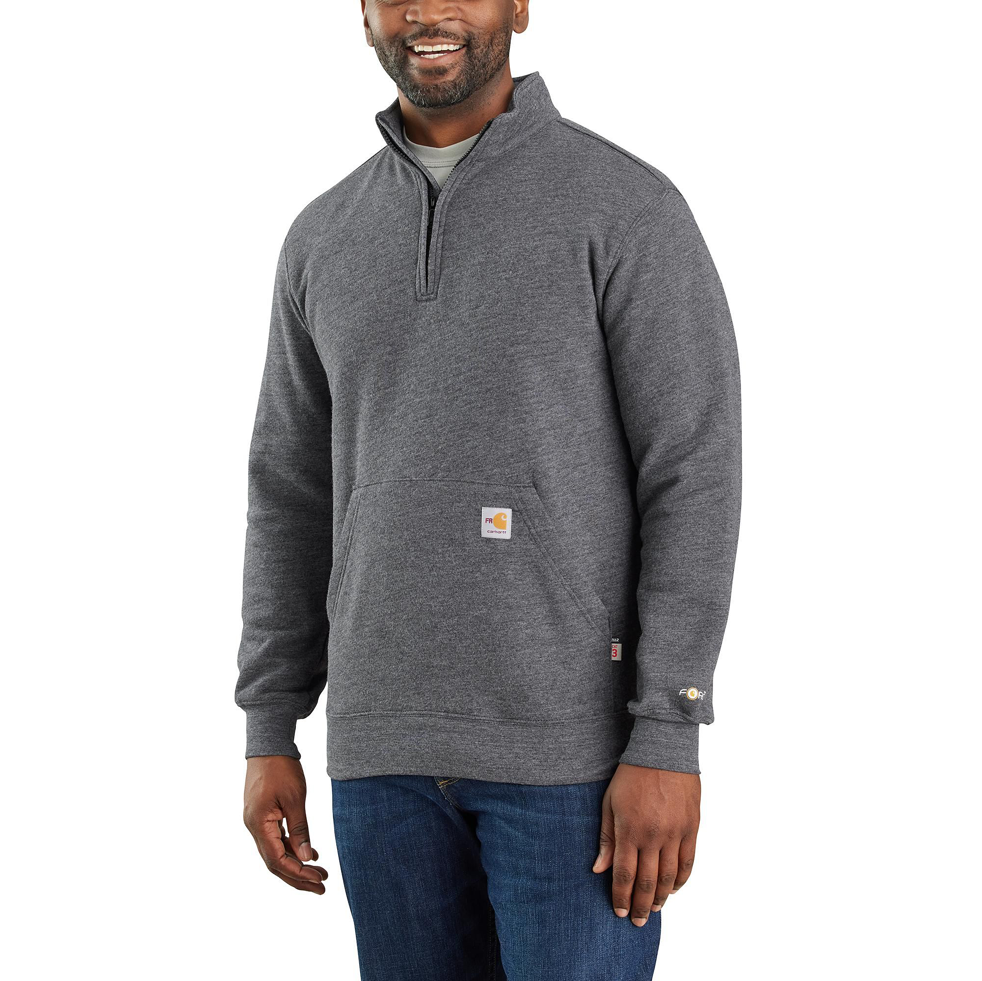 Image of Carhartt Force Flame Resistant Loose-Fit Midweight Quarter-Zip Long-Sleeve Sweatshirt for Men - Granite Heather - S