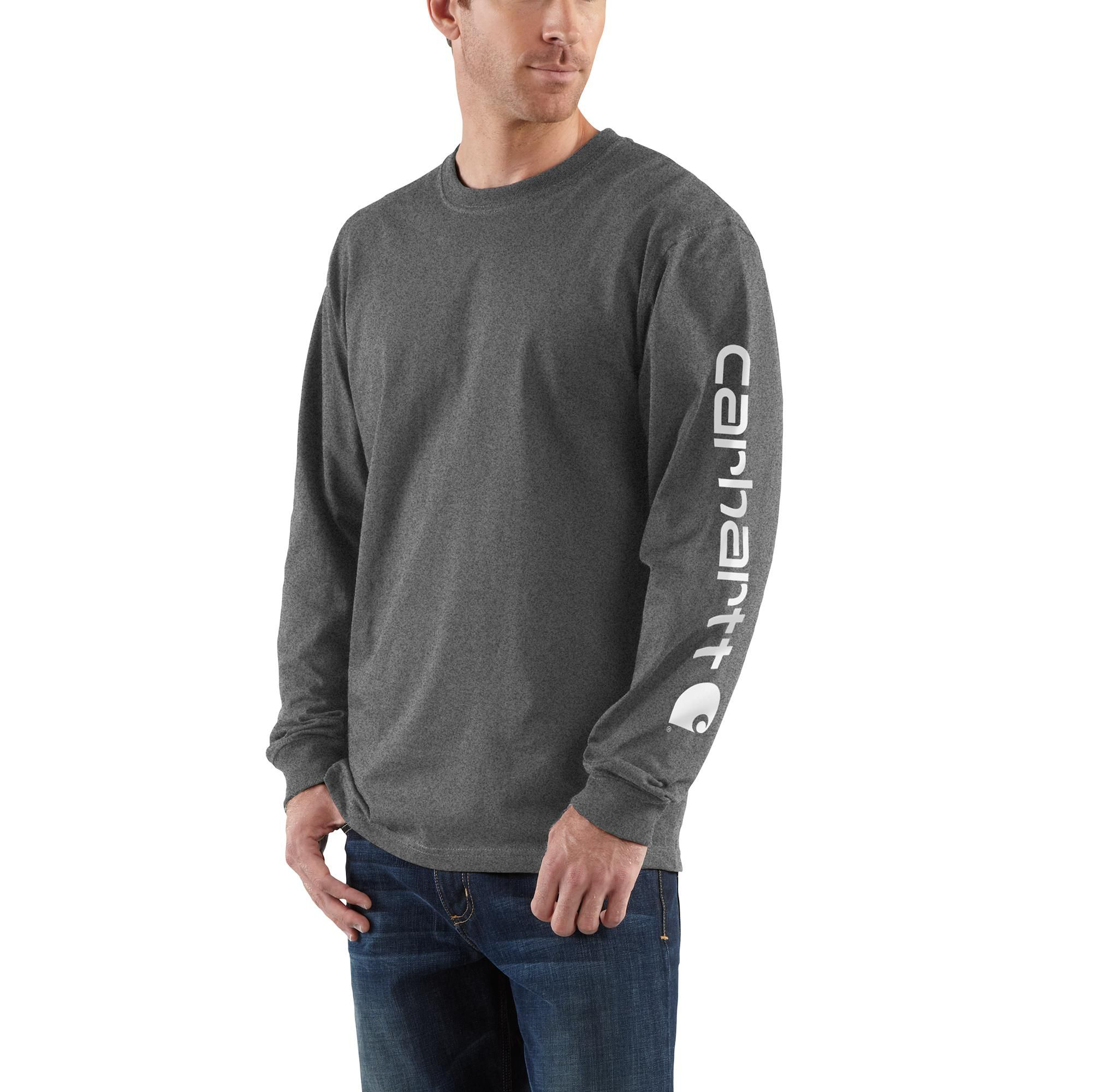 Image of Carhartt Loose-Fit Heavyweight Logo Sleeve Graphic Long-Sleeve T-Shirt for Men - Carbon Heather - XS