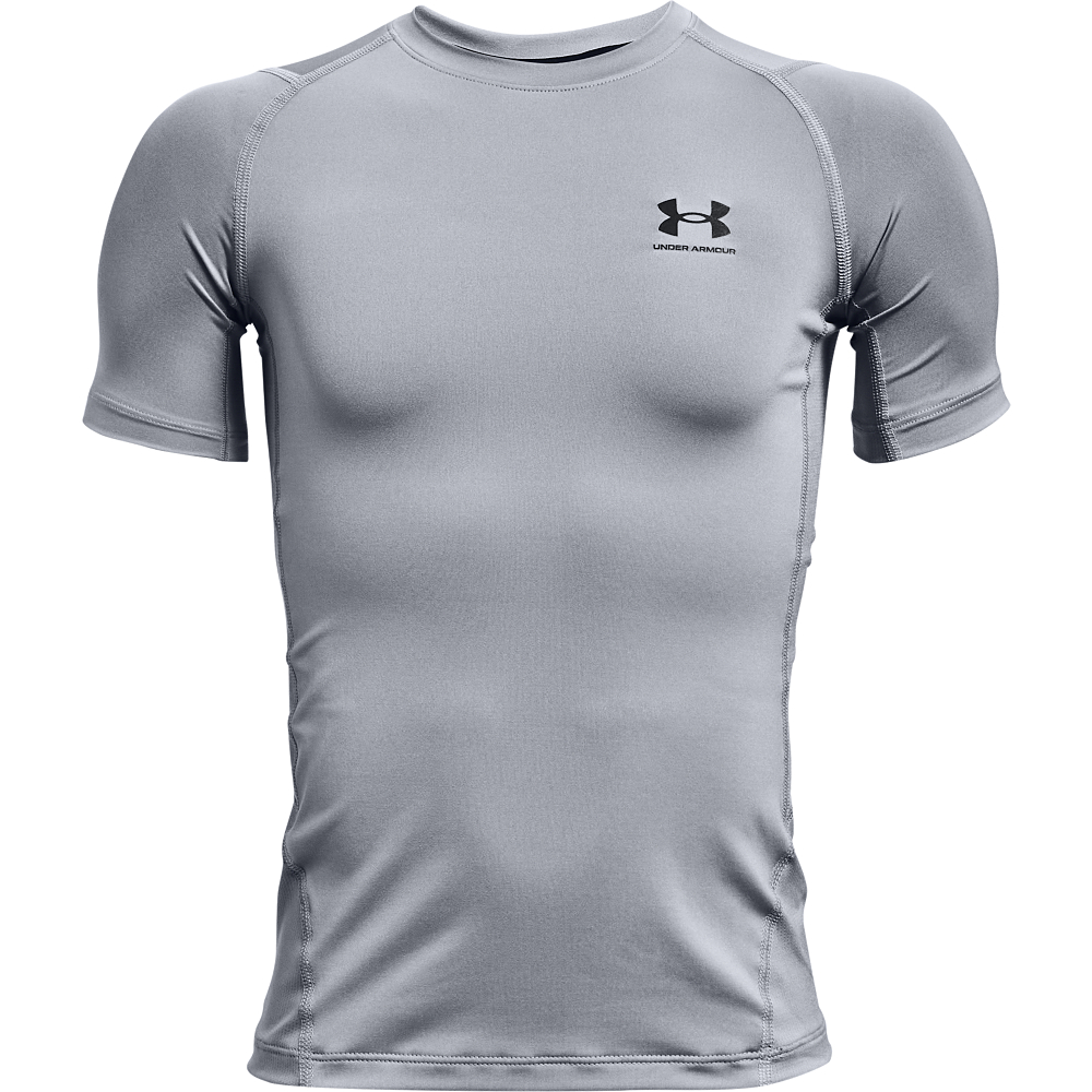 Image of Under Armour HeatGear Armour Short-Sleeve Base-Layer Shirt for Kids - Steel/Black - XS