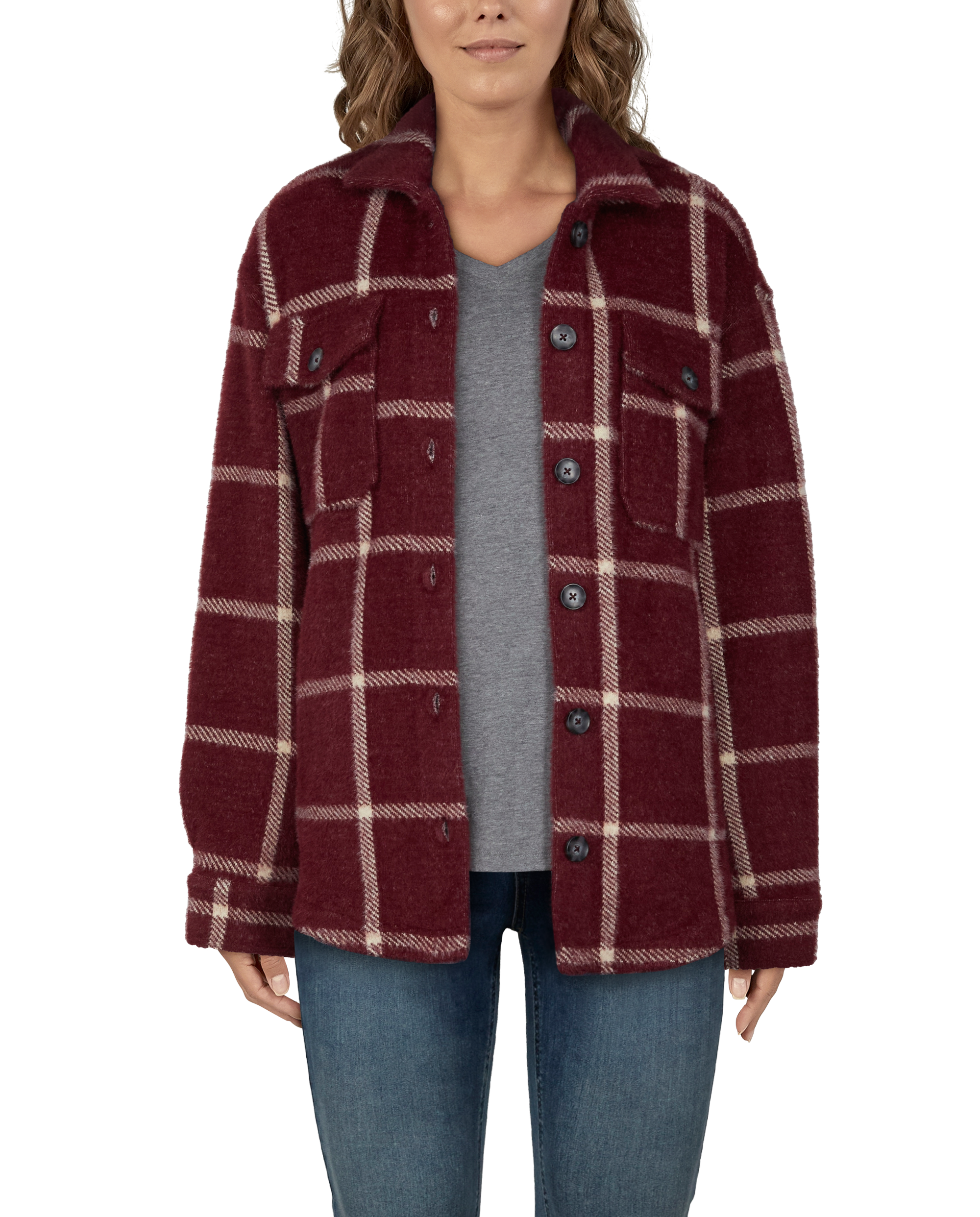 Image of Natural Reflections Windowpane Plaid Shirt Jacket for Ladies - Cabernet - M