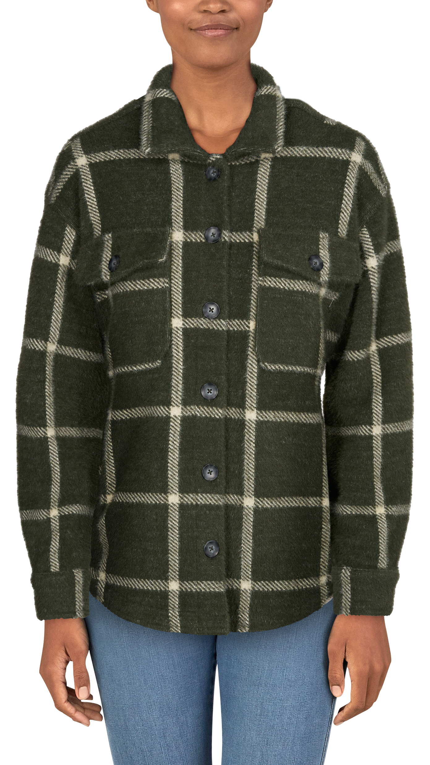 Image of Natural Reflections Windowpane Plaid Shirt Jacket - Kombu Green - 1X