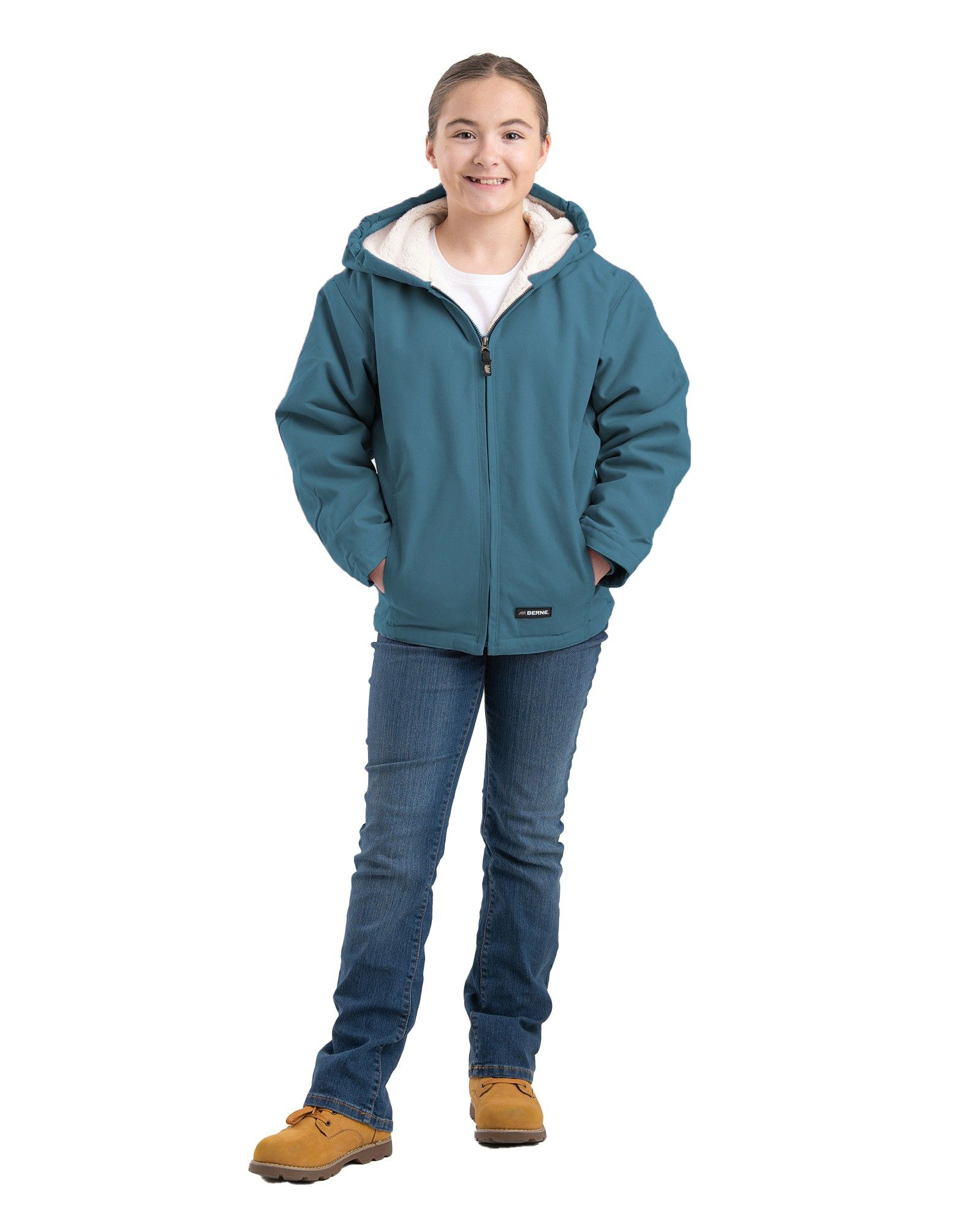 Image of Berne Sherpa-Lined Softstone Duck Princess-Seam Hooded Jacket for Kids - Steel Blue - L