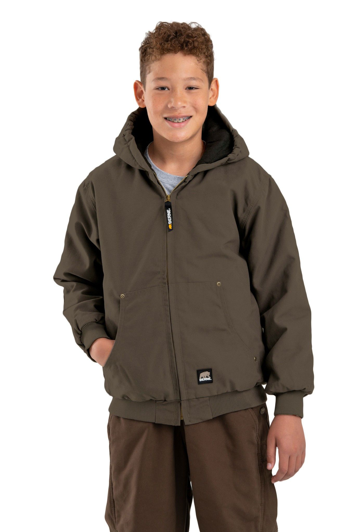 Image of Berne Softstone Duck Hooded Jacket for Boys - Olive Duck - M