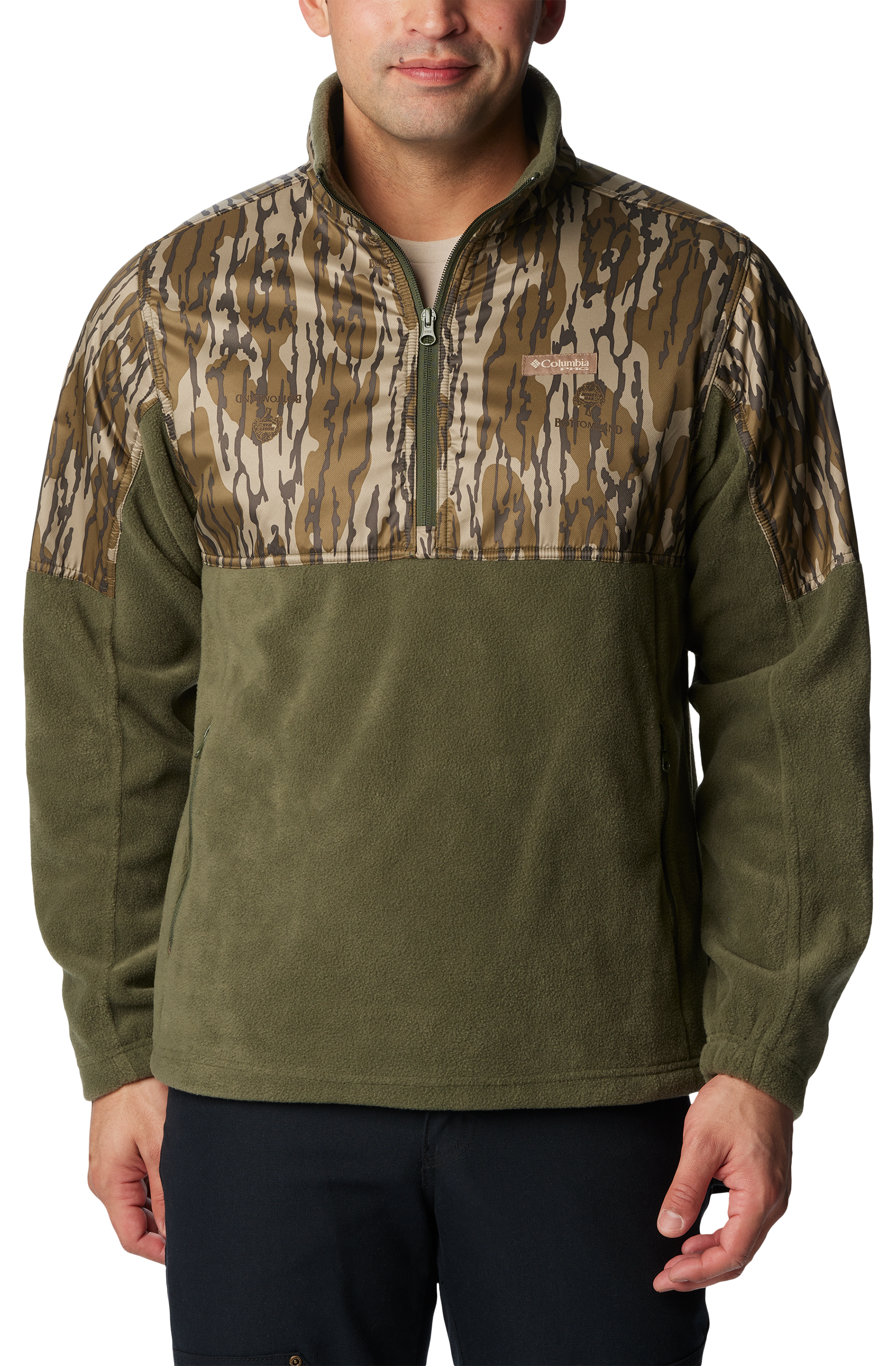 Image of Columbia PHG Fleece Overlay Quarter-Zip Long-Sleeve Pullover for Men - Surplus Green/Original Bottomland - S