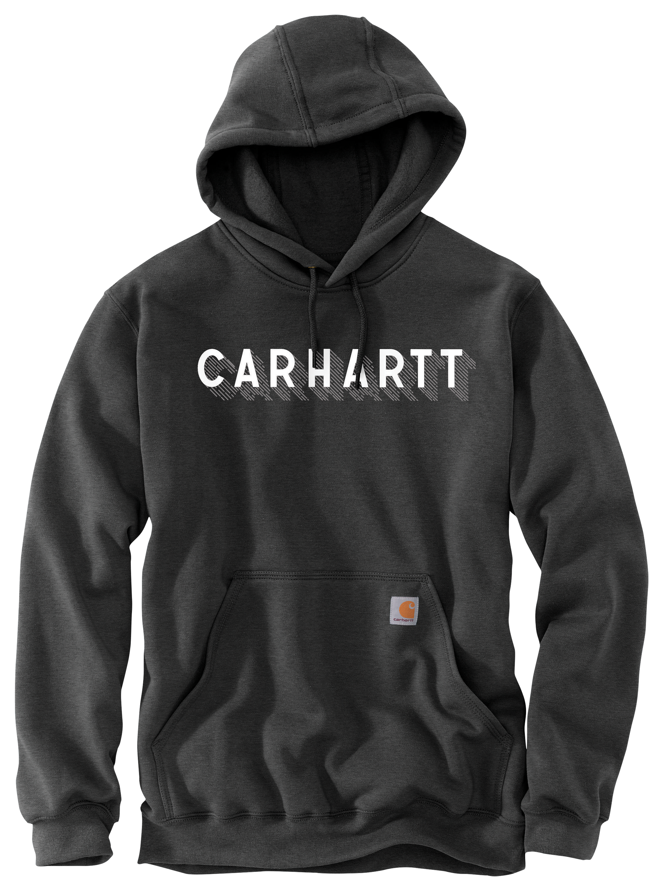 Image of Carhartt Rain Defender Loose-Fit Midweight Graphic Logo Long-Sleeve Hoodie for Men - Carbon Heather - LT