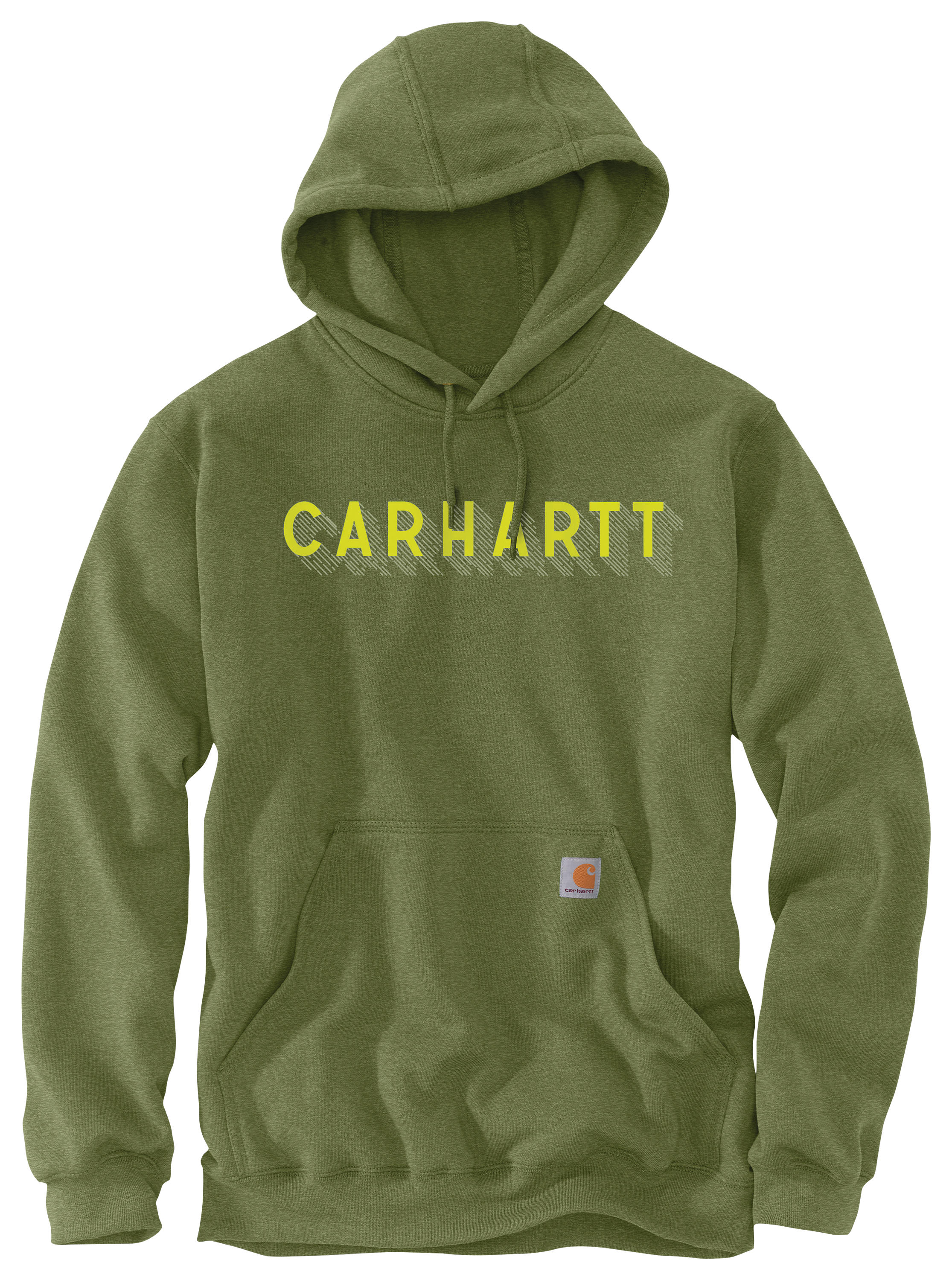 Image of Carhartt Rain Defender Loose-Fit Midweight Graphic Logo Long-Sleeve Hoodie for Men - Chive Heather - L