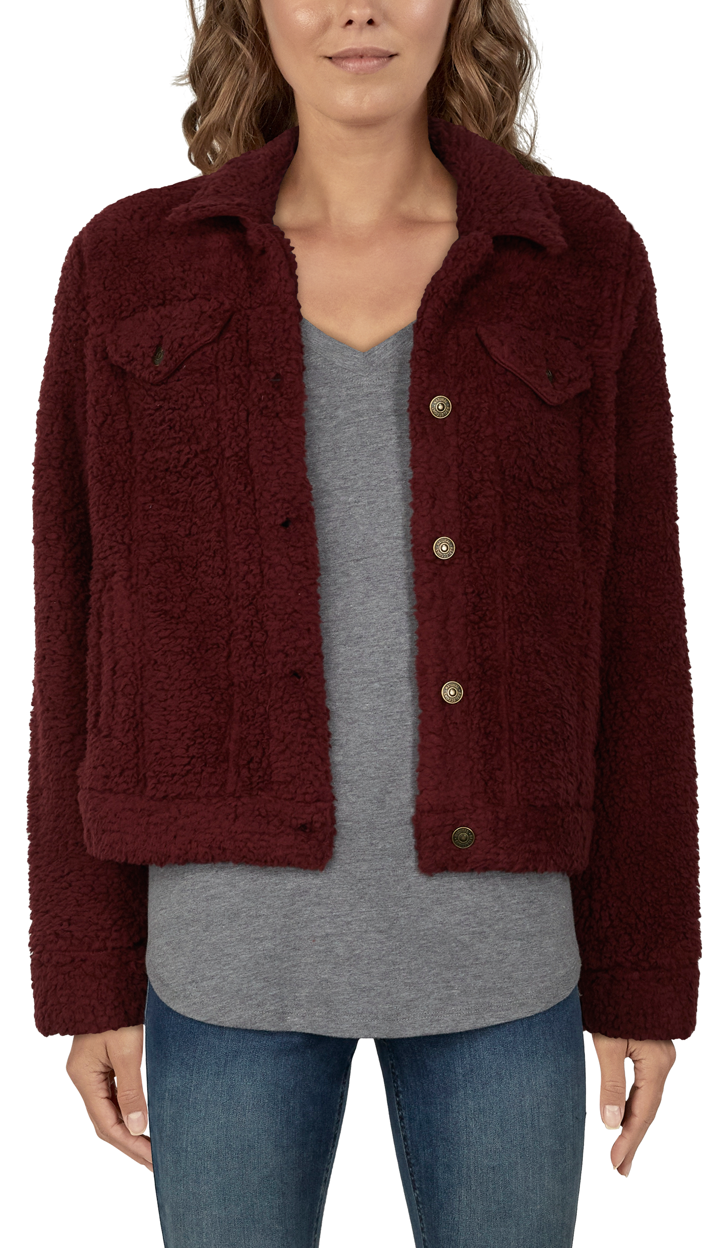 Image of Natural Reflections Sherpa Jean Jacket for Ladies - Cabernet - L