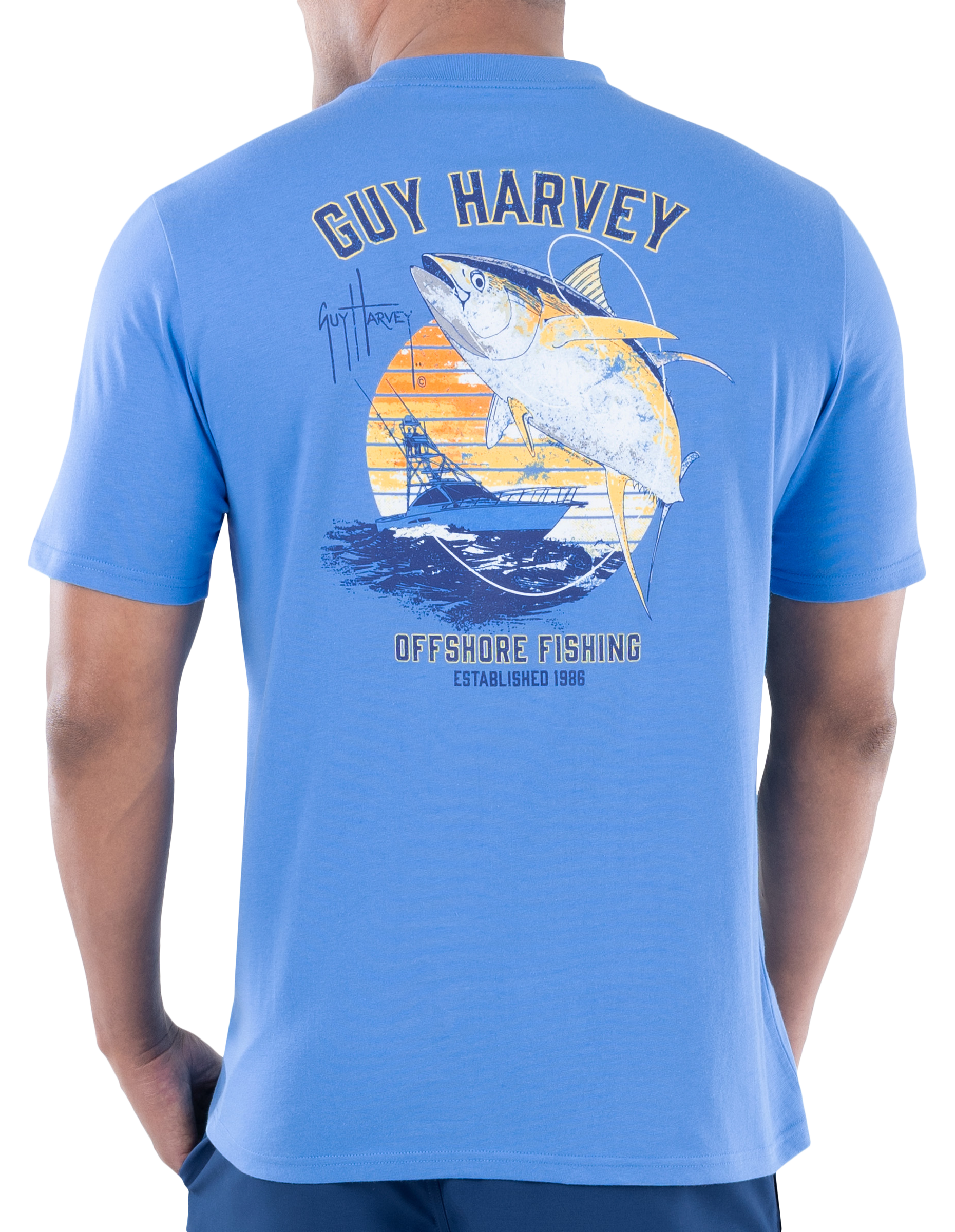 Image of Guy Harvey Offshore Fishing Yellowfin Short-Sleeve Pocket T-Shirt for Men - Azure Blue - L