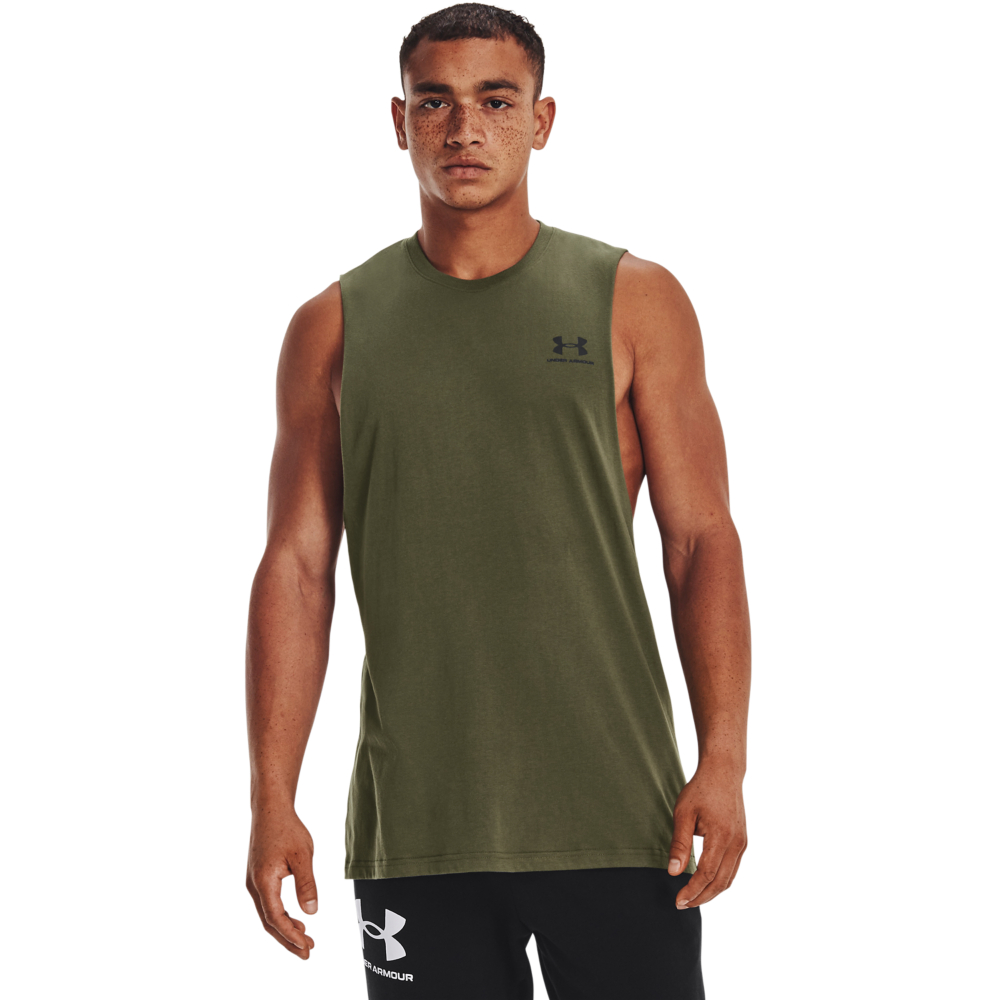 Image of Under Armour Sportstyle Left Chest Cut-Off Tank for Men - Marine OD Green/Black - 2XL