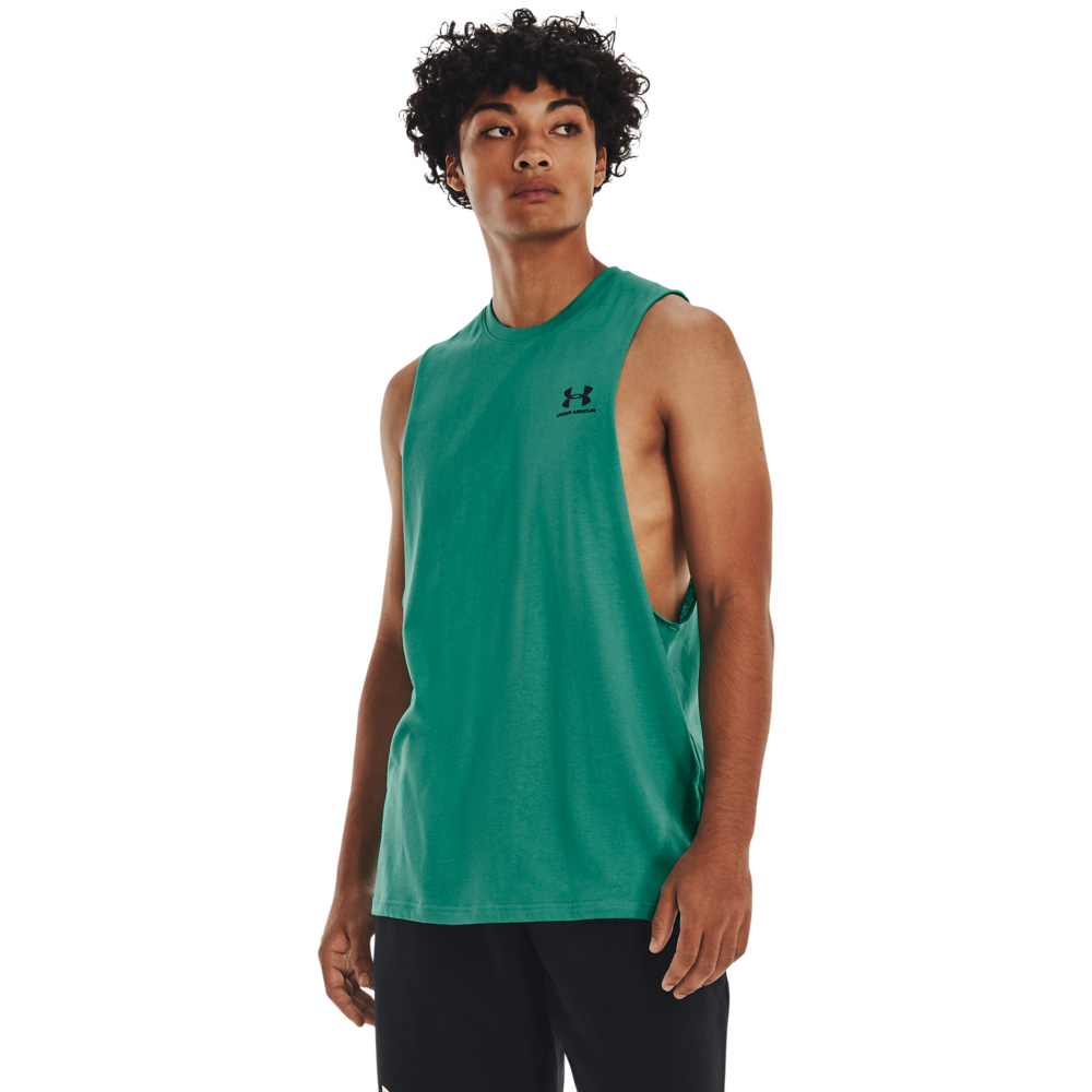 Image of Under Armour Sportstyle Left Chest Cut-Off Tank for Men - Birdie Green/Black - M