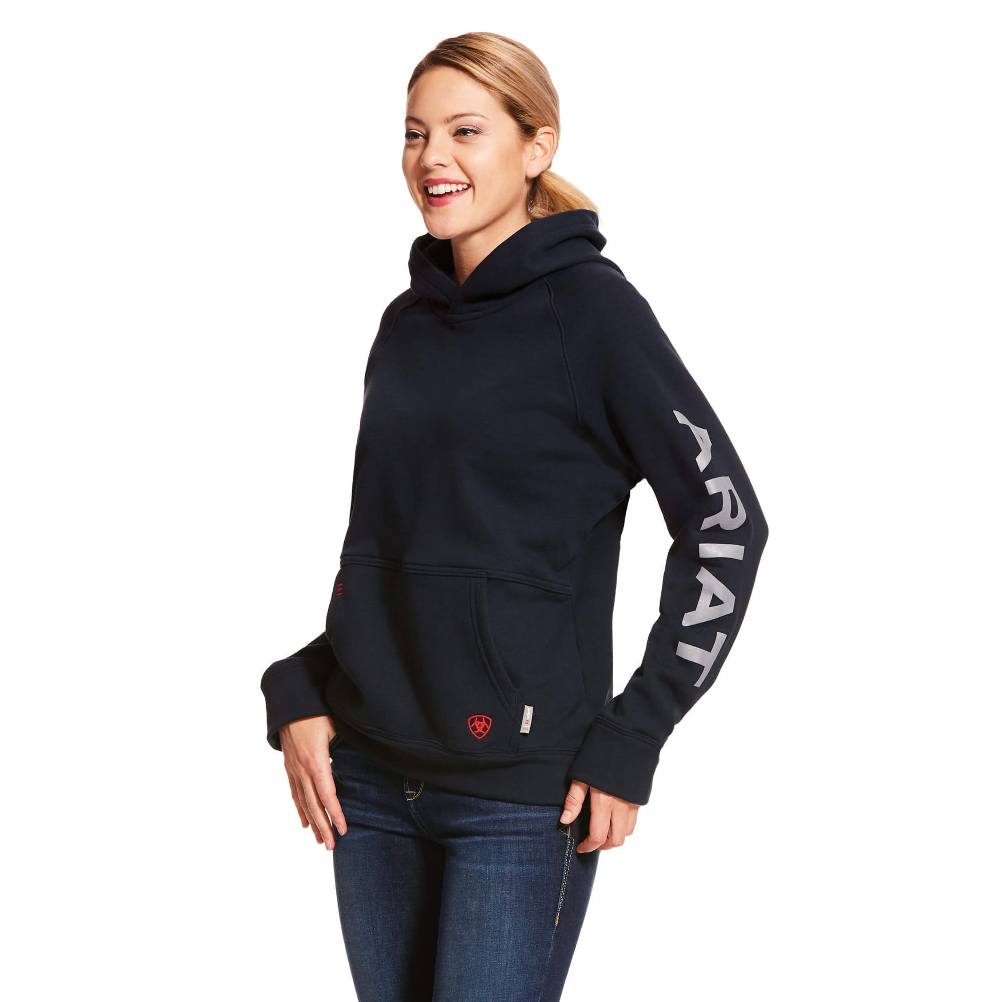 Image of Ariat Flame-Resistant Primo Fleece Logo Long-Sleeve Hoodie for Ladies - Navy - XS