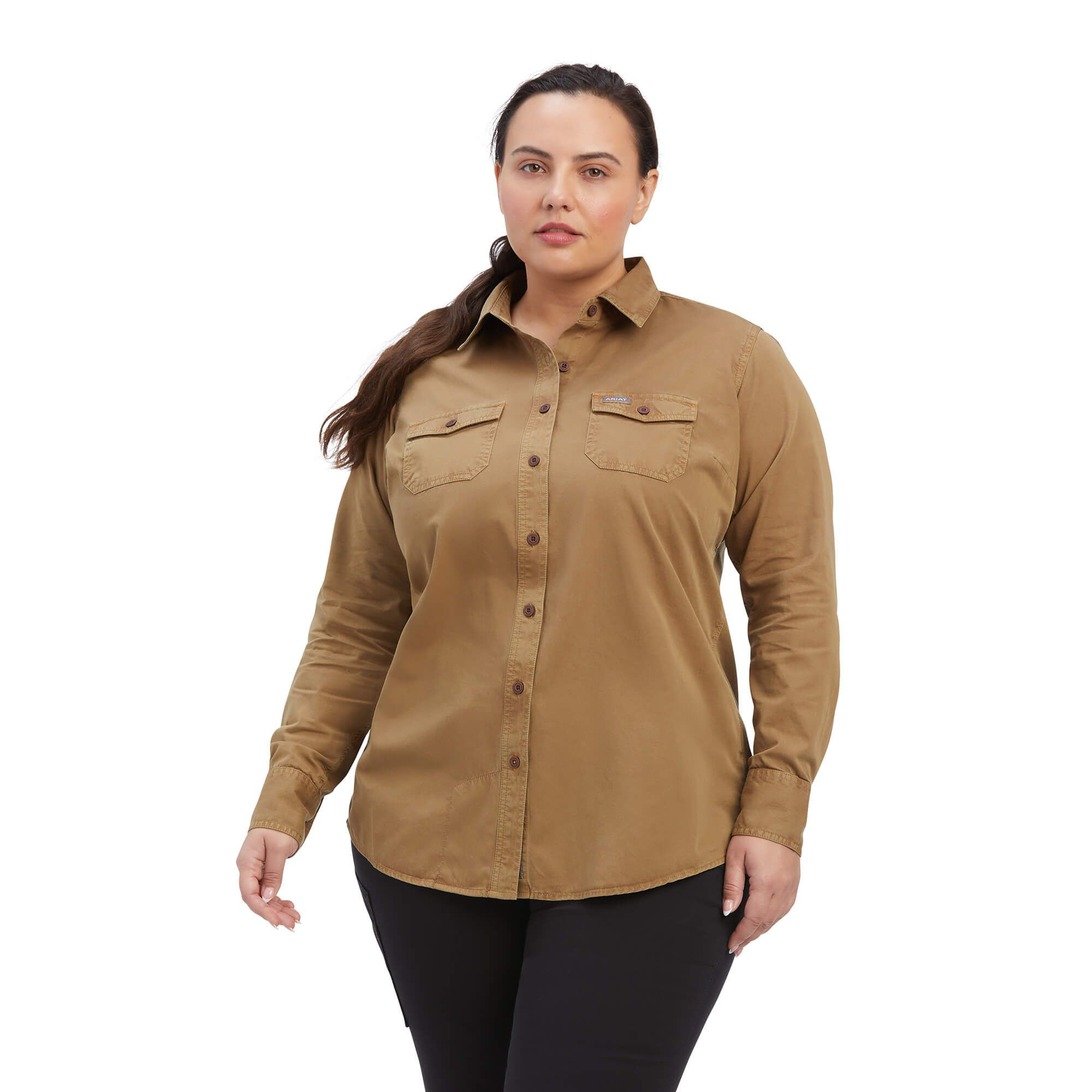 Image of Ariat Rebar Washed Twill Long-Sleeve Work Shirt for Ladies - Khaki