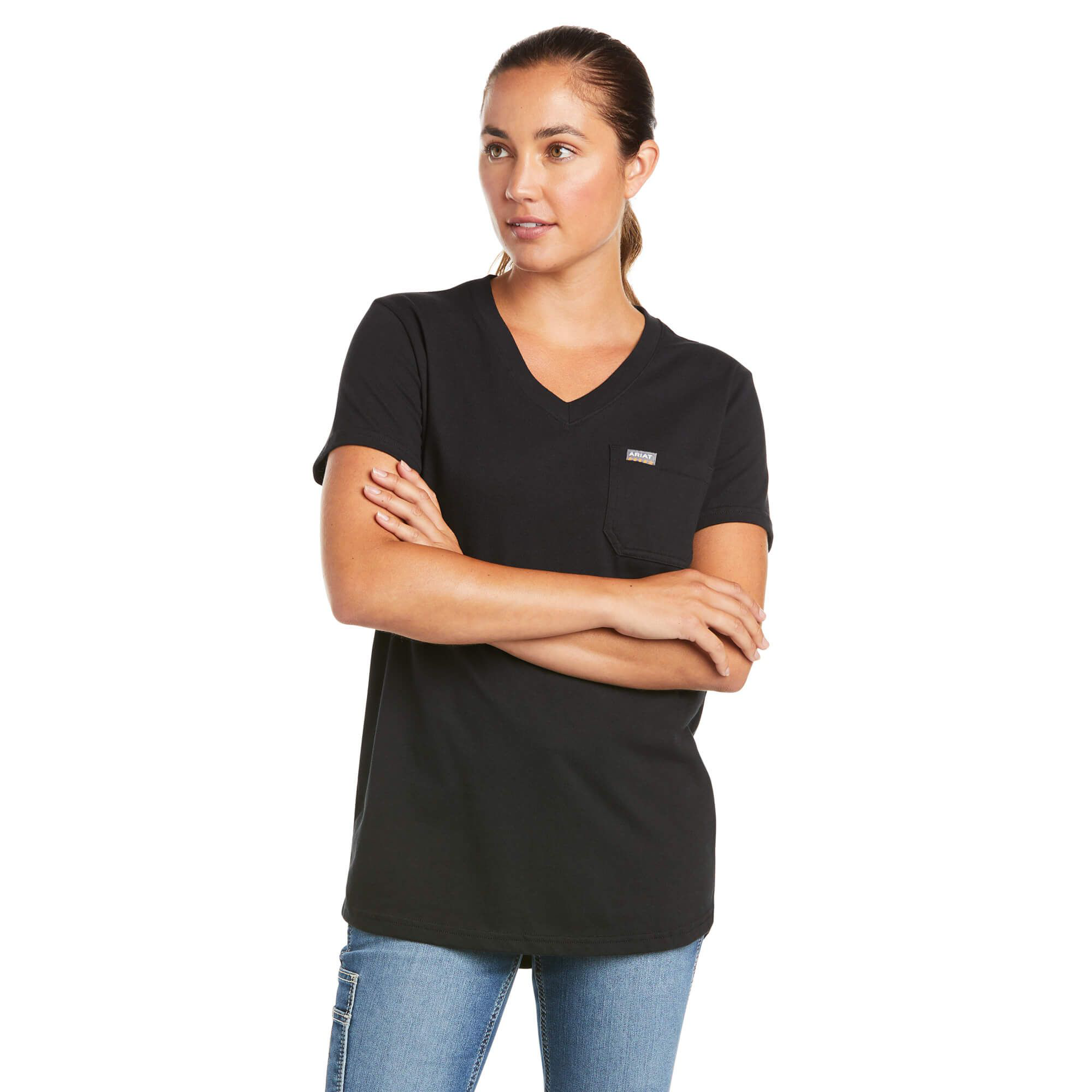 Ariat Rebar Cotton Strong V-Neck Short-Sleeve T-Shirt for Ladies - Black- XS