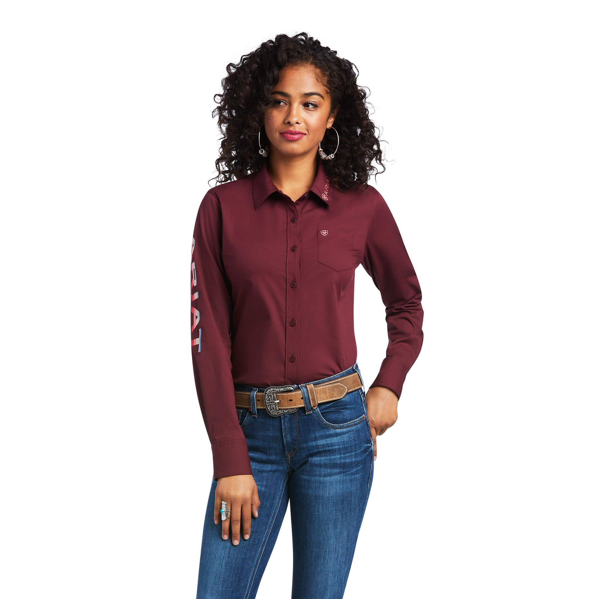 Image of Ariat Team Kirby Stretch Embroidery Long-Sleeve Button-Down Shirt for Ladies - Zinfandel