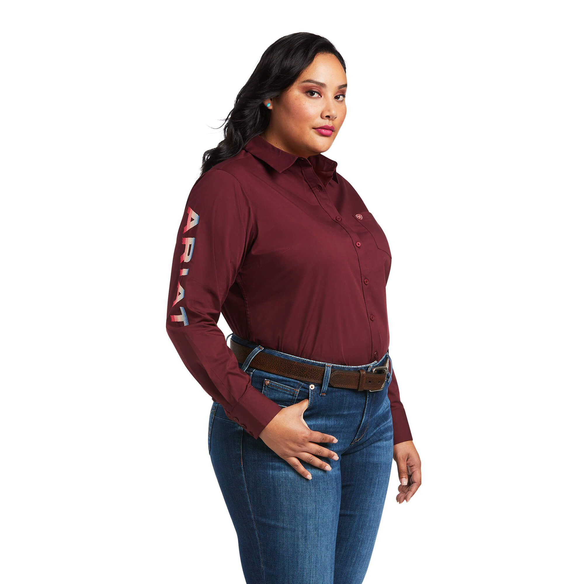 Image of Ariat Team Kirby Stretch Embroidery Long-Sleeve Button-Down Shirt for Ladies - Zinfandel - 3X
