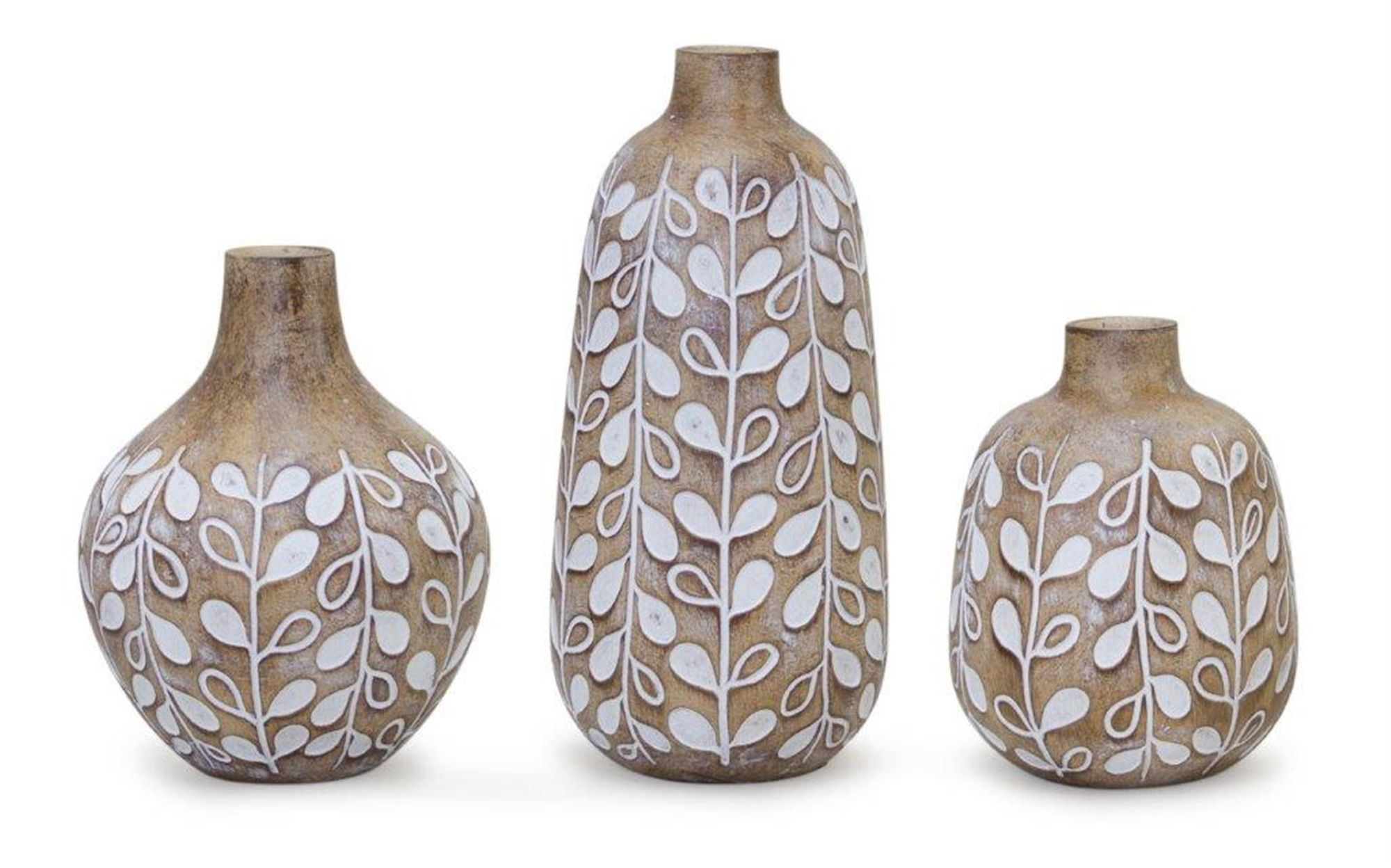 Image of Melrose International Leaf Print Vase with Wood Design Set of 3