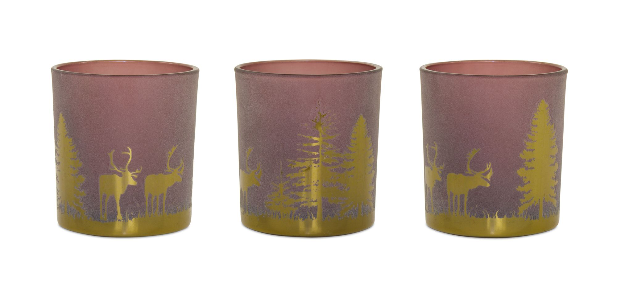 Image of Melrose International Glass Tea Light Holder with Woodland Scene Set of 3