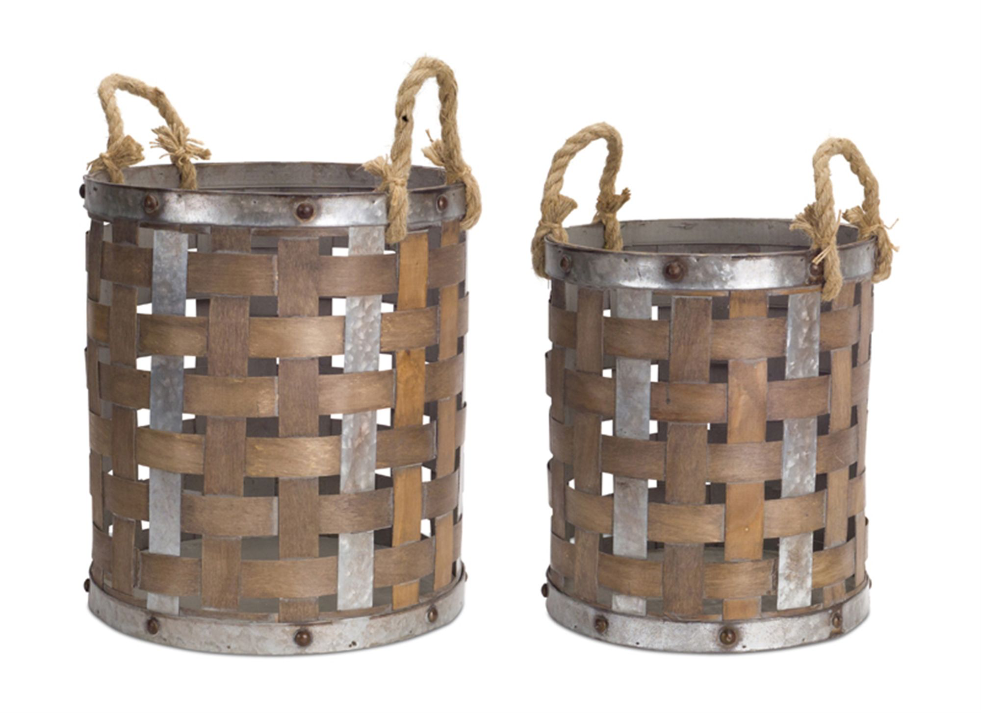 Image of Melrose International Woven Wood Pail with Rope Handle Set of 2