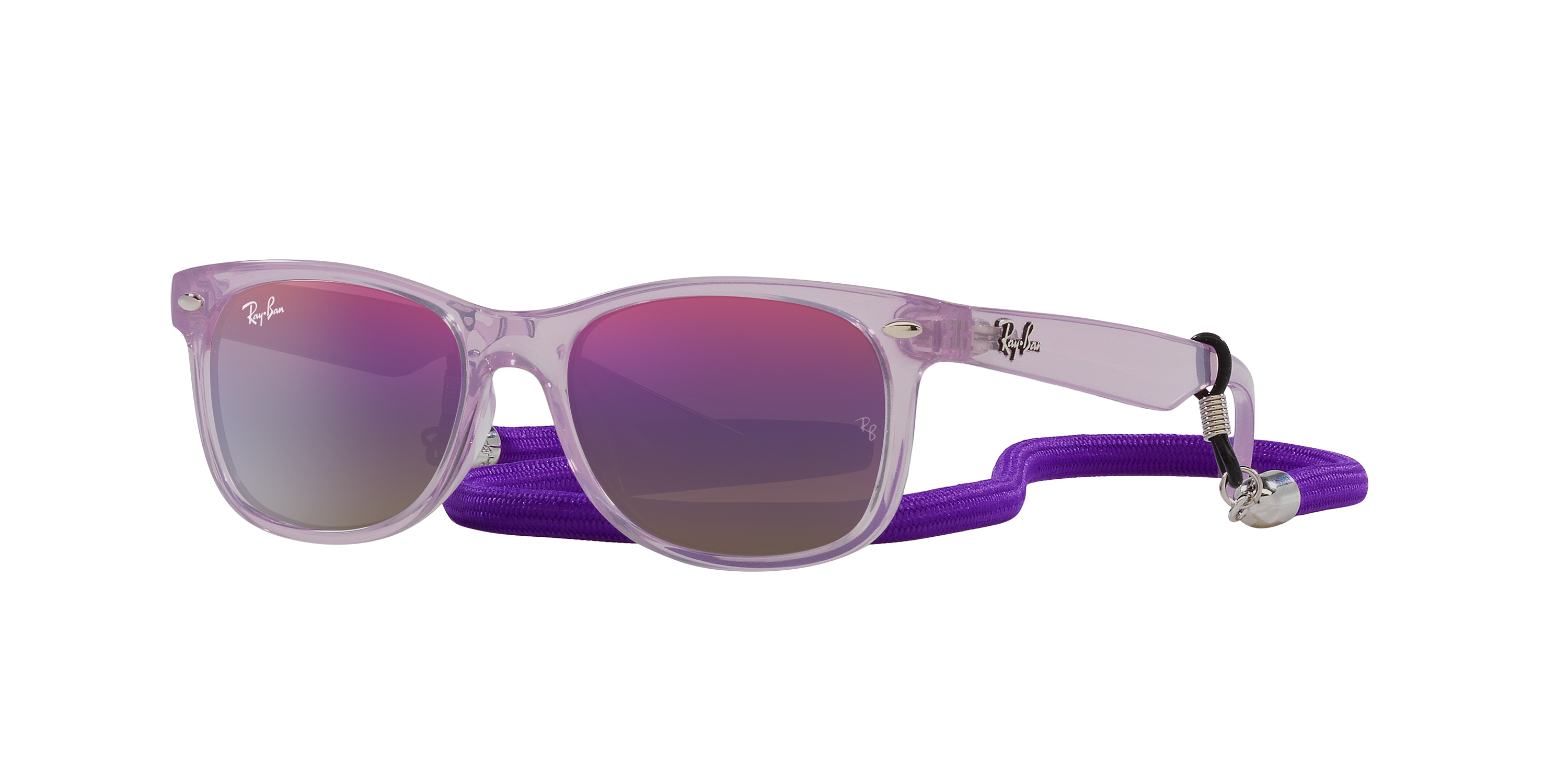 Image of Ray-Ban Jr. New Wayfarer Kids Summer Capsule RJ9052S Gradient Mirror Sunglasses for Kids - Opal Purple//Violet Gradient - Small