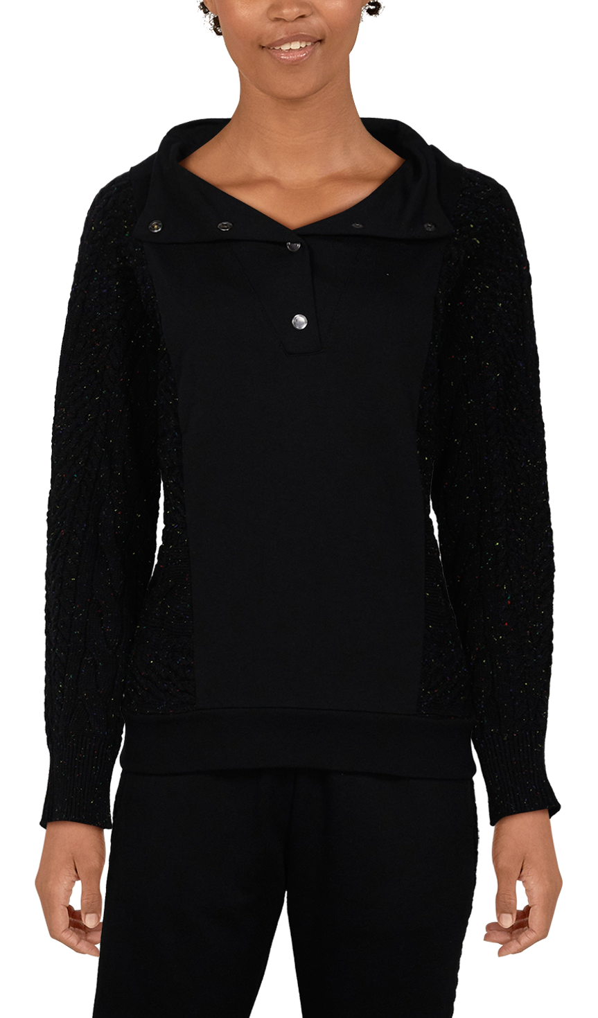 Image of Natural Reflections Cable-Knit Quarter-Snap Long-Sleeve Pullover for Ladies - Black - L