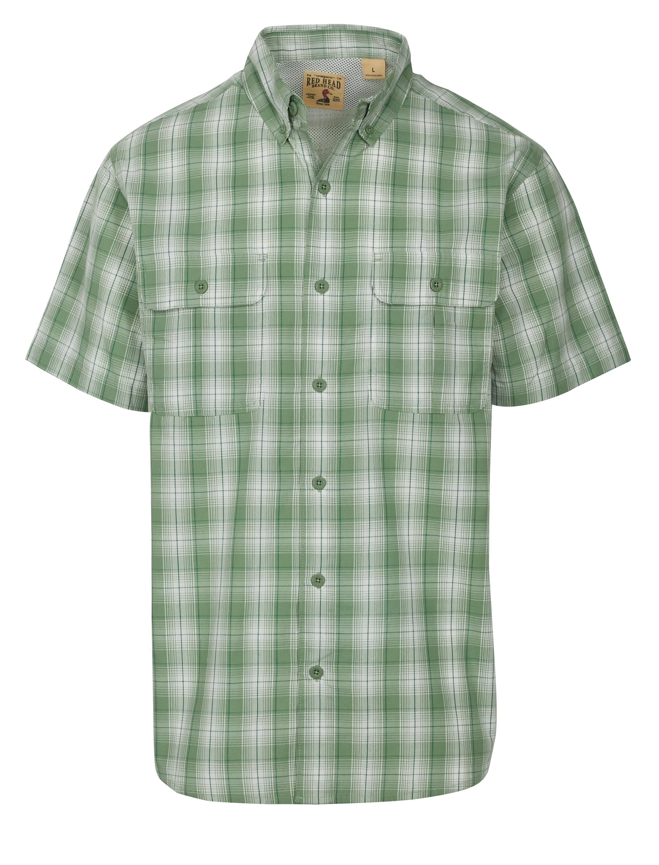 Image of RedHead Spring River Vented-Back Button-Down Short-Sleeve Shirt for Men - Green Plaid 2 - S