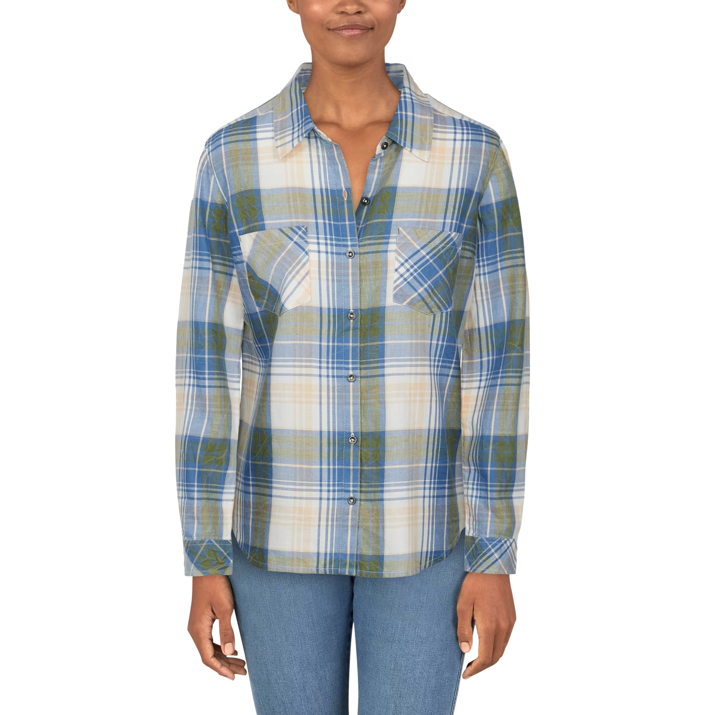 Image of Natural Reflections Acid-Wash Twill Long-Sleeve Shirt - Olive Plaid - S