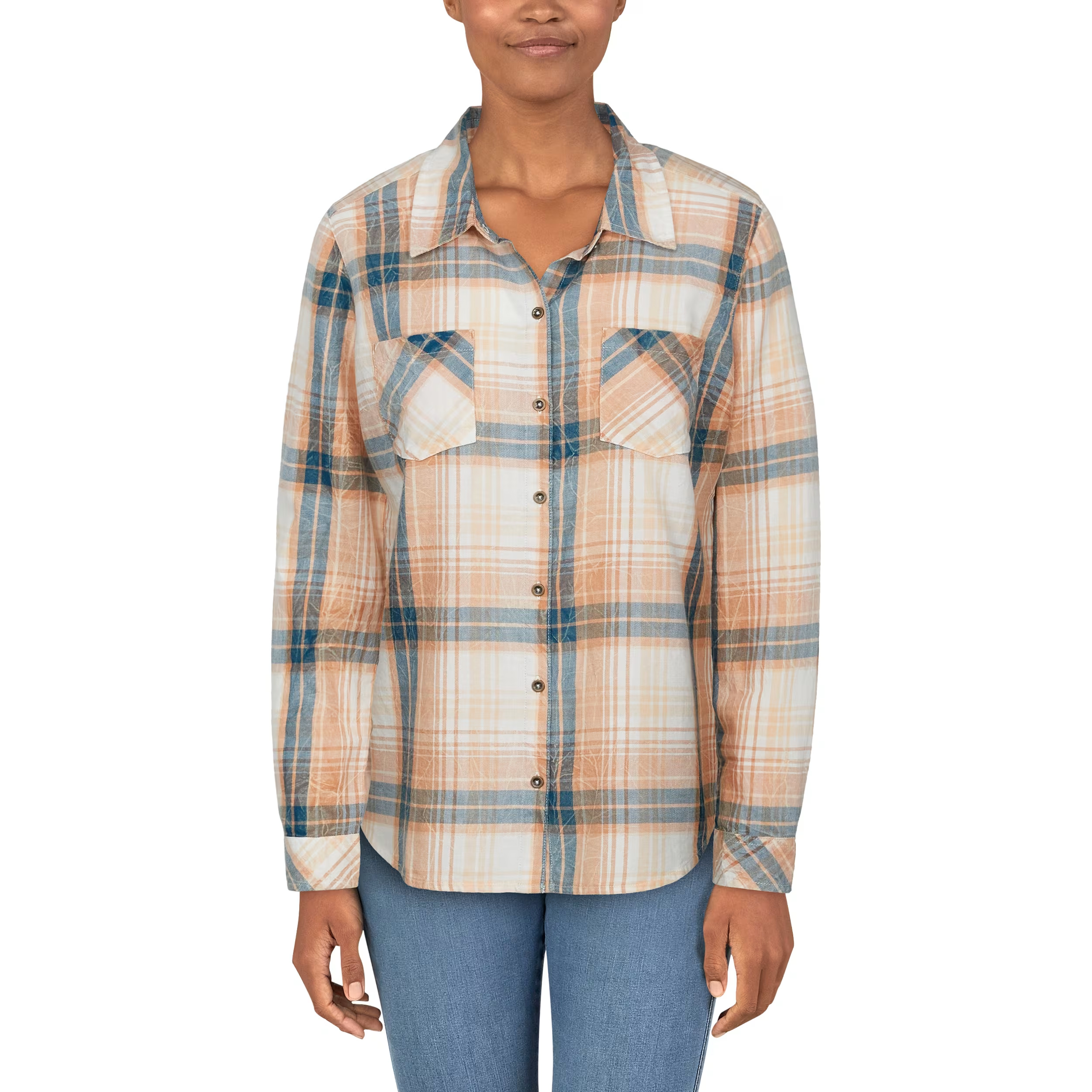 Image of Natural Reflections Acid-Wash Twill Long-Sleeve Shirt for Ladies - Cork Plaid - XL