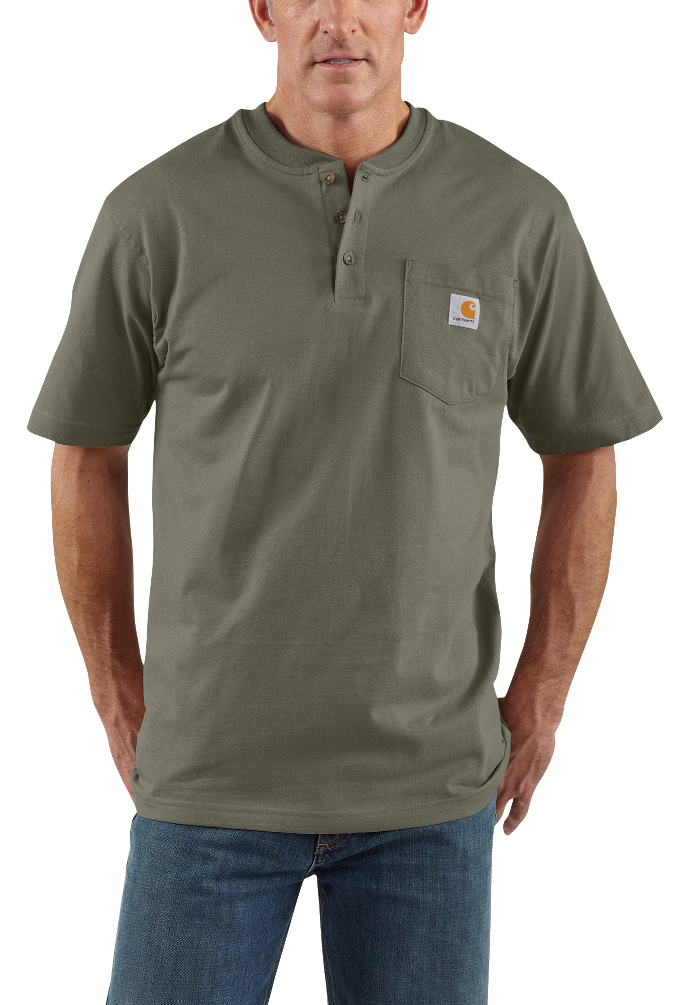 Image of Carhartt Loose-Fit Heavyweight Short-Sleeve Pocket Henley for Men - Dusty Olive