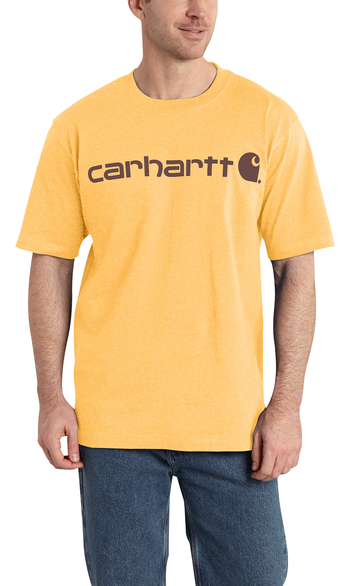 Image of Carhartt Logo Graphic Loose-Fit Heavyweight Short-Sleeve T-Shirt - Vivid Yellow Heather