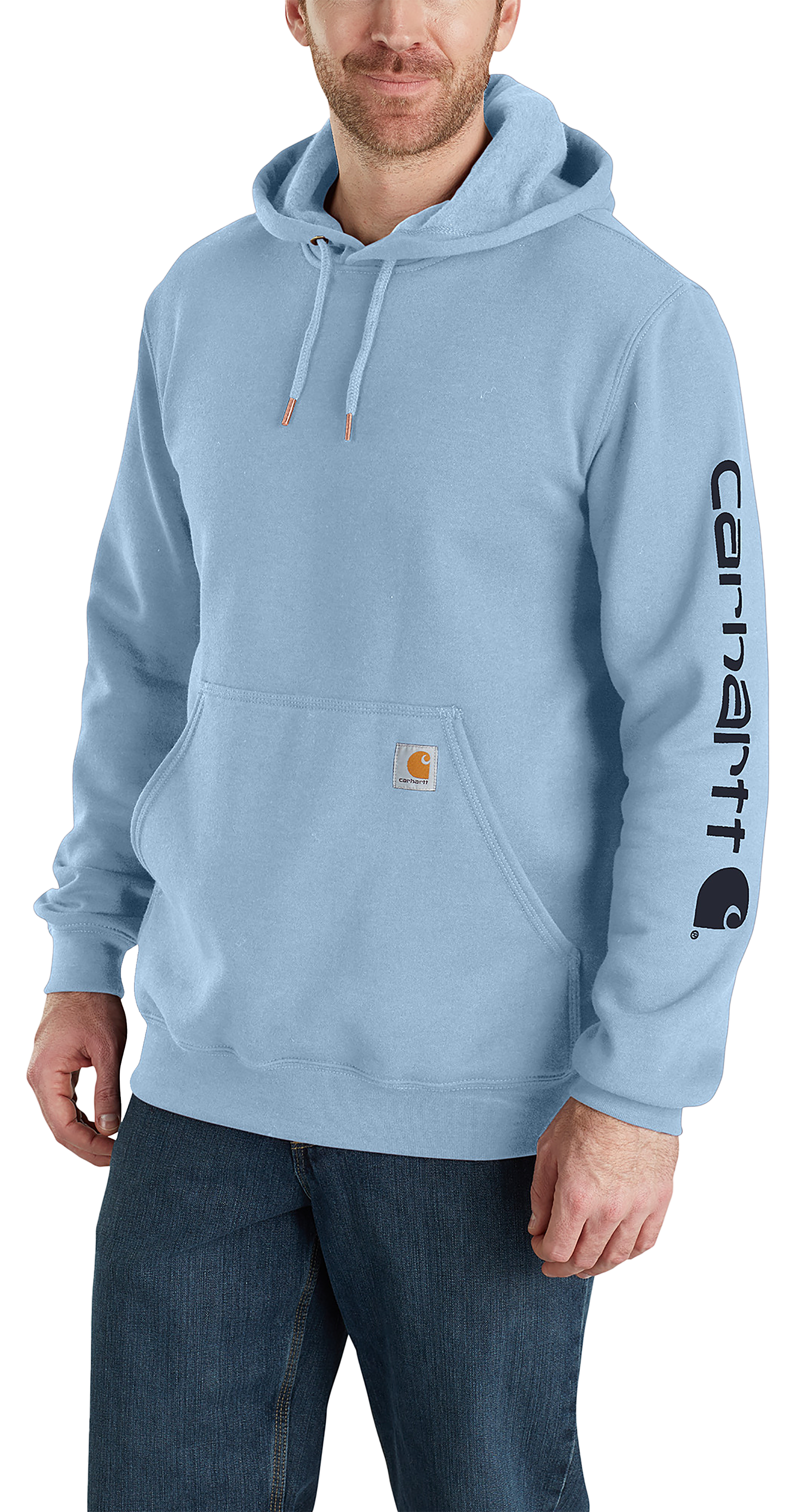 Image of Carhartt Loose-Fit Midweight Logo Hoodie for Men - Fog Blue - M