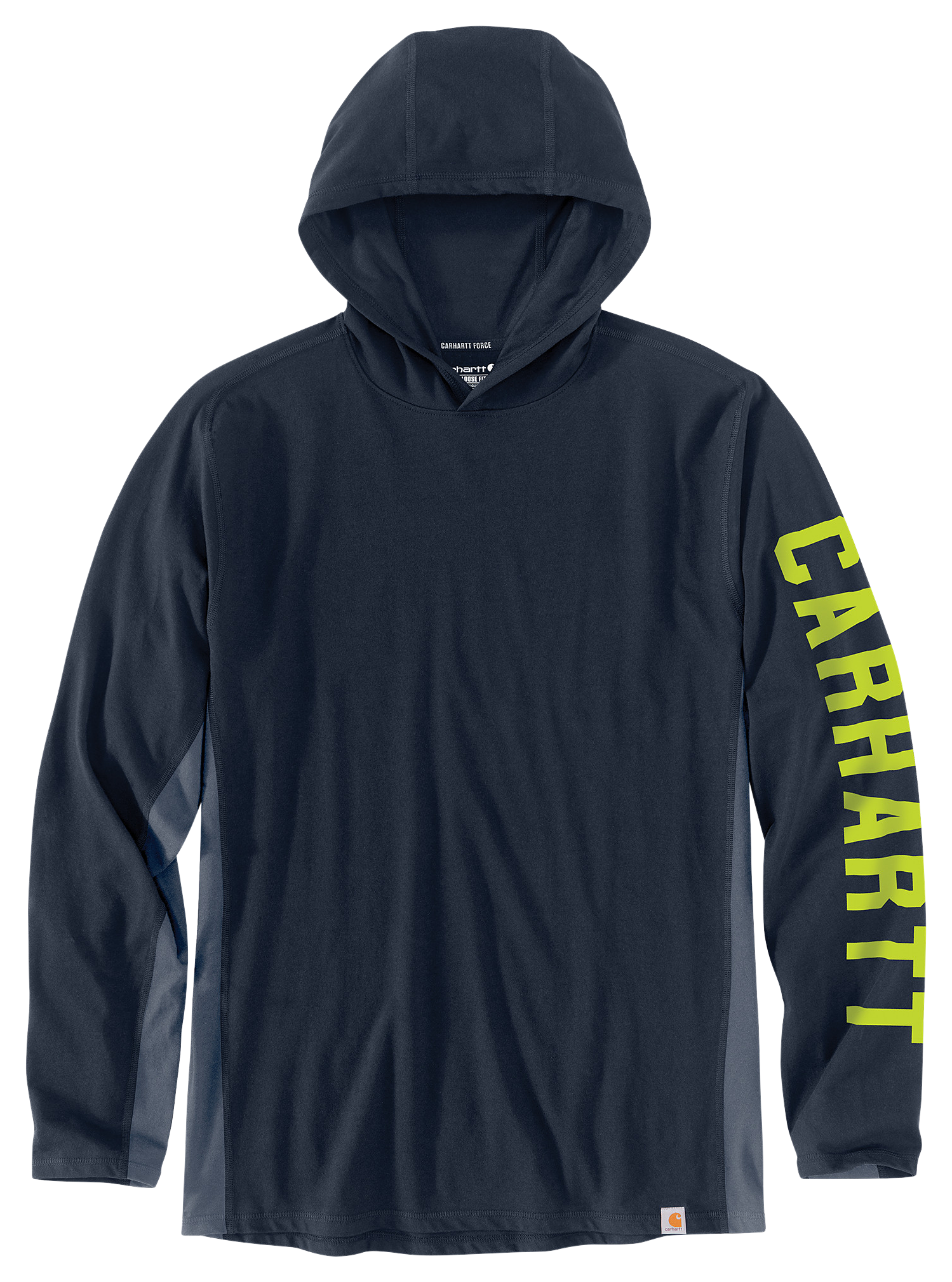 Image of Carhartt Force Relaxed Fit Midweight Logo Graphic Long-Sleeve Hooded T-Shirt for Men - Navy - L