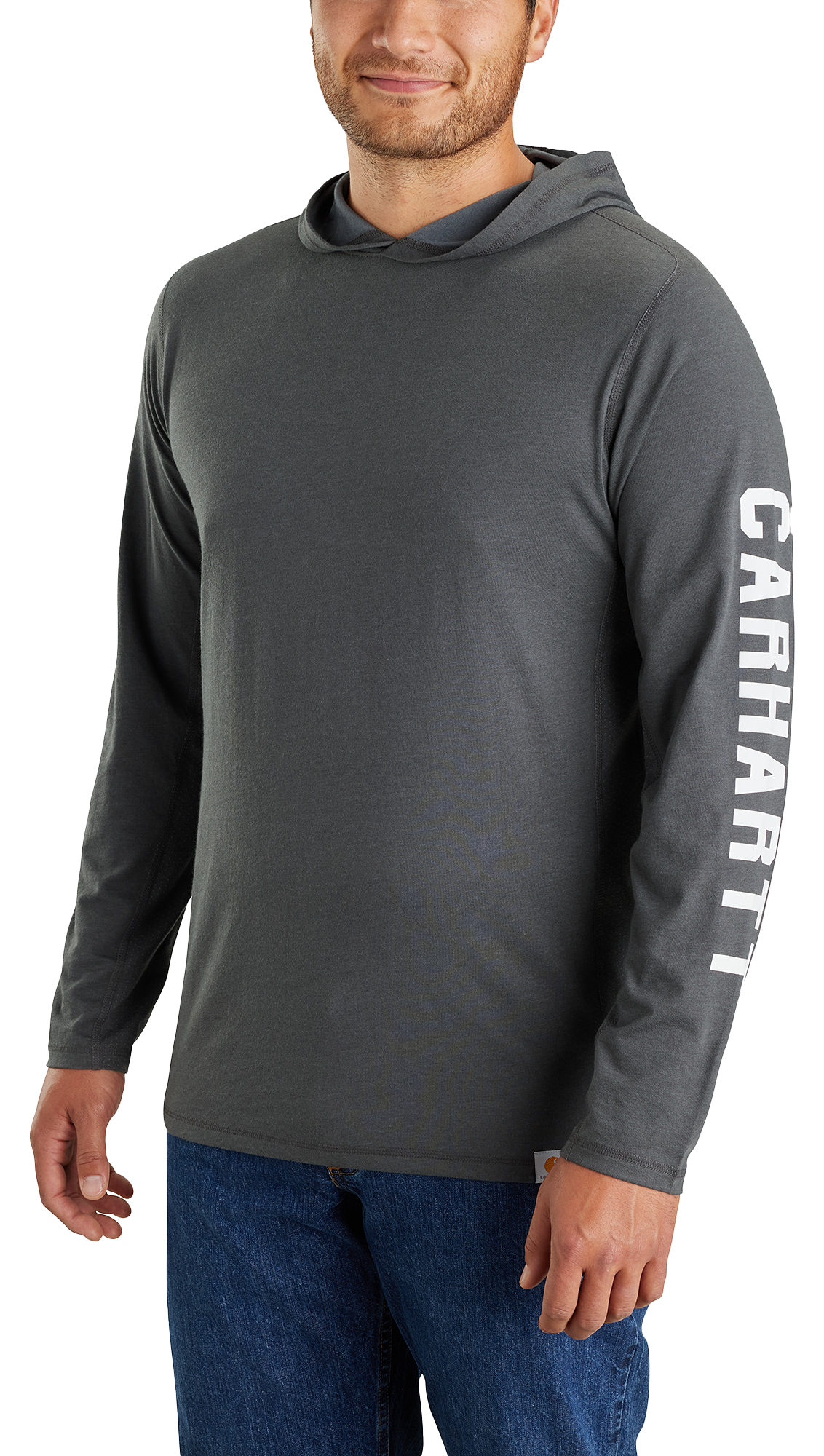 Image of Carhartt Force Relaxed Fit Midweight Logo Graphic Long-Sleeve Hooded T-Shirt for Men - Carbon Heather - M