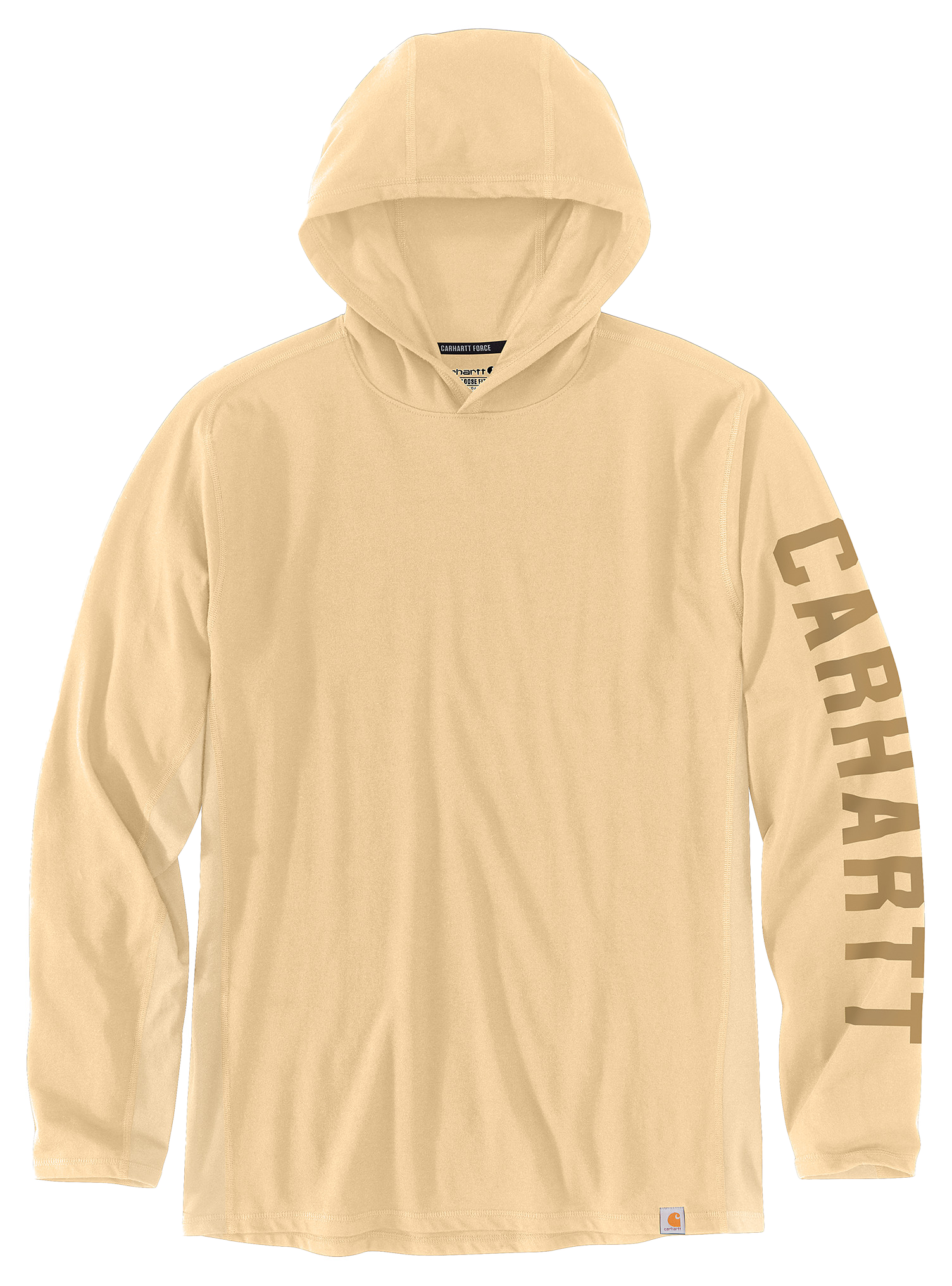 Image of Carhartt Force Relaxed Fit Midweight Logo Graphic Long-Sleeve Hooded T-Shirt for Men - Golden Mist - M