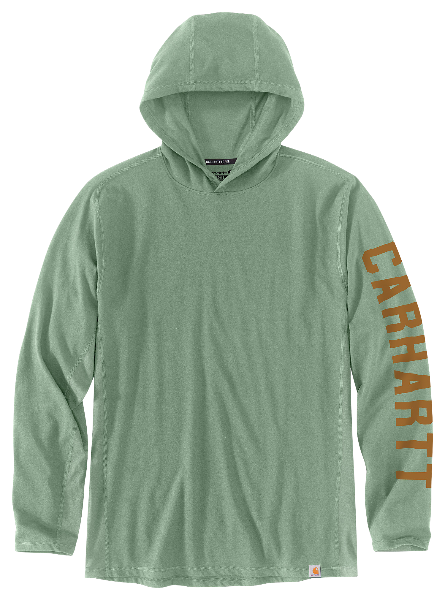 Image of Carhartt Force Relaxed Fit Midweight Logo Graphic Long-Sleeve Hooded T-Shirt for Men - Loden Frost - M