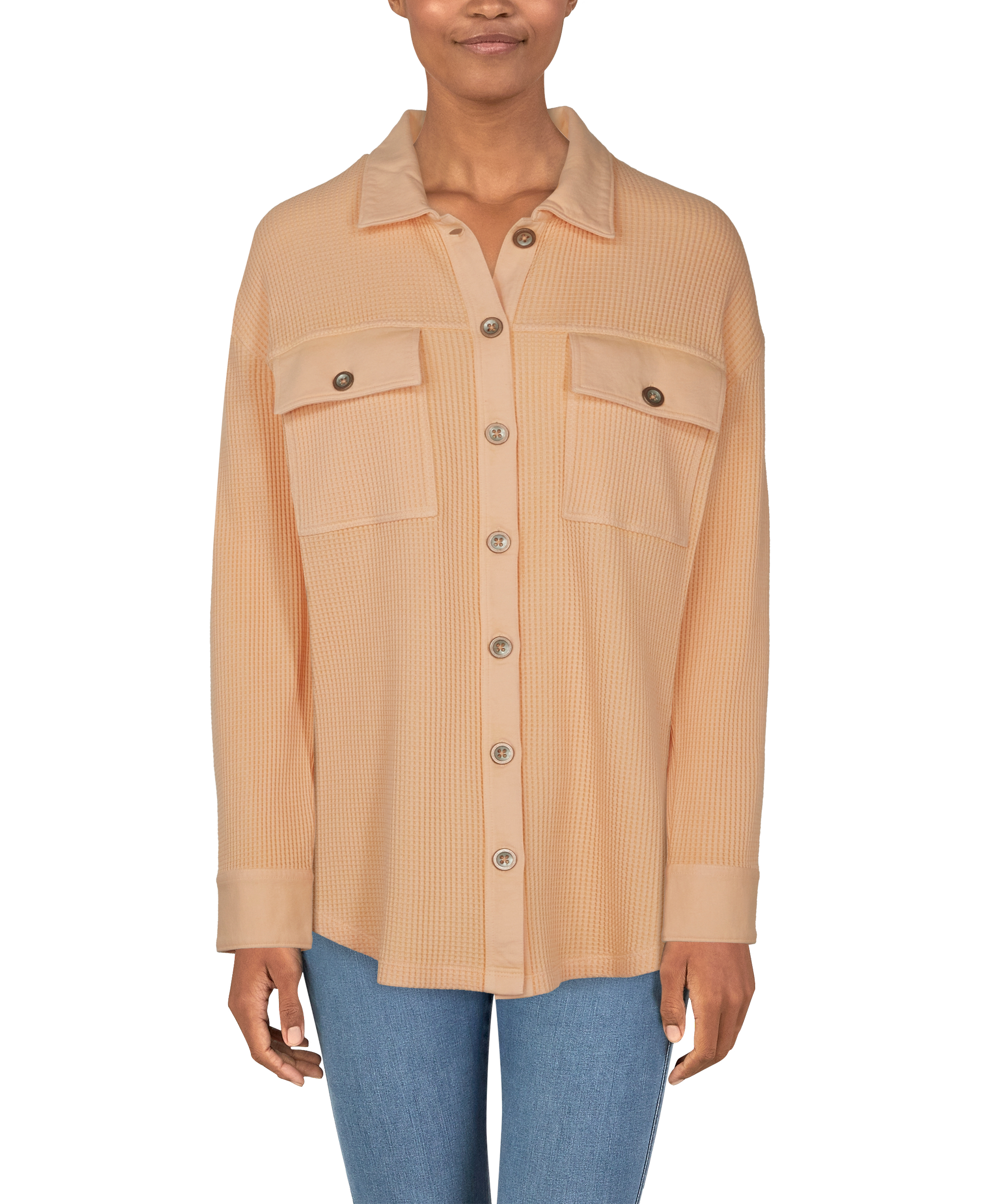 Image of Natural Reflections Waffle Shirt Jacket for Ladies - Peach Parfait - M