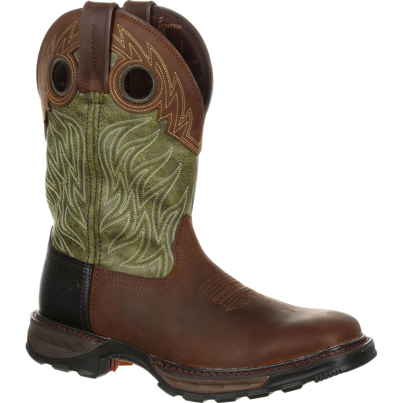 Image of Durango Maverick XP Waterproof Pull-On Western Work Boots for Men - Oiled Brown/Forest Green - 7W