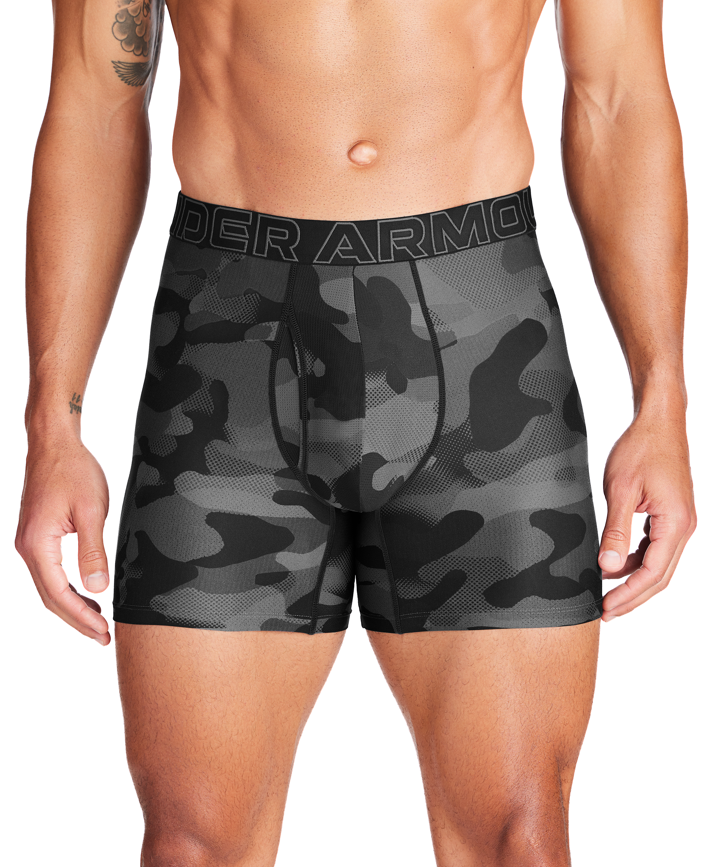 Image of "Under Armour Performance Tech 6"" Print Boxer Briefs for Men 3-Pack - Black/Camo - M"