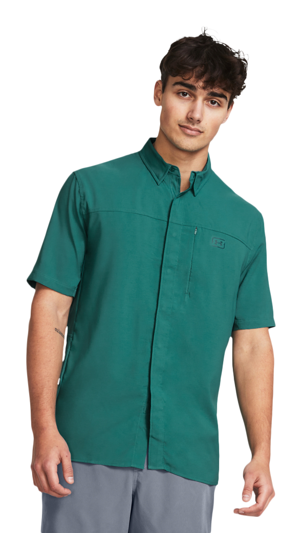 Image of Under Armour Shorebreak Hybrid Woven Short-Sleeve Button-Down Shirt - Coastal Teal/Hydro Teak