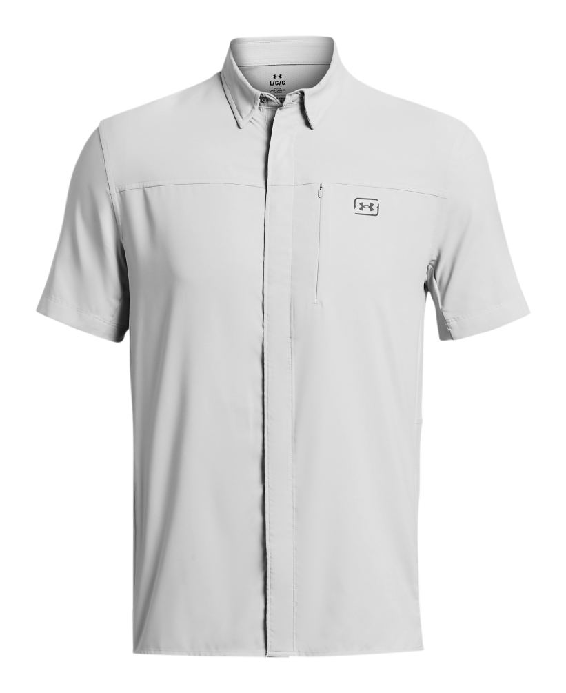 Image of Under Armour Shorebreak Hybrid Woven Short-Sleeve Button-Down Shirt - Mod Gray/Castlerock