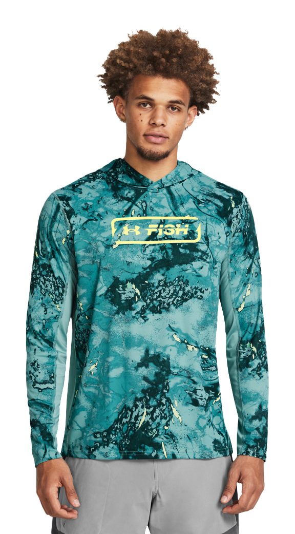 Image of Under Armour Iso-Chill Shorebreak Camo Long-Sleeve Hoodie for Men - Radial Turquoise/Sonic Yellow - L