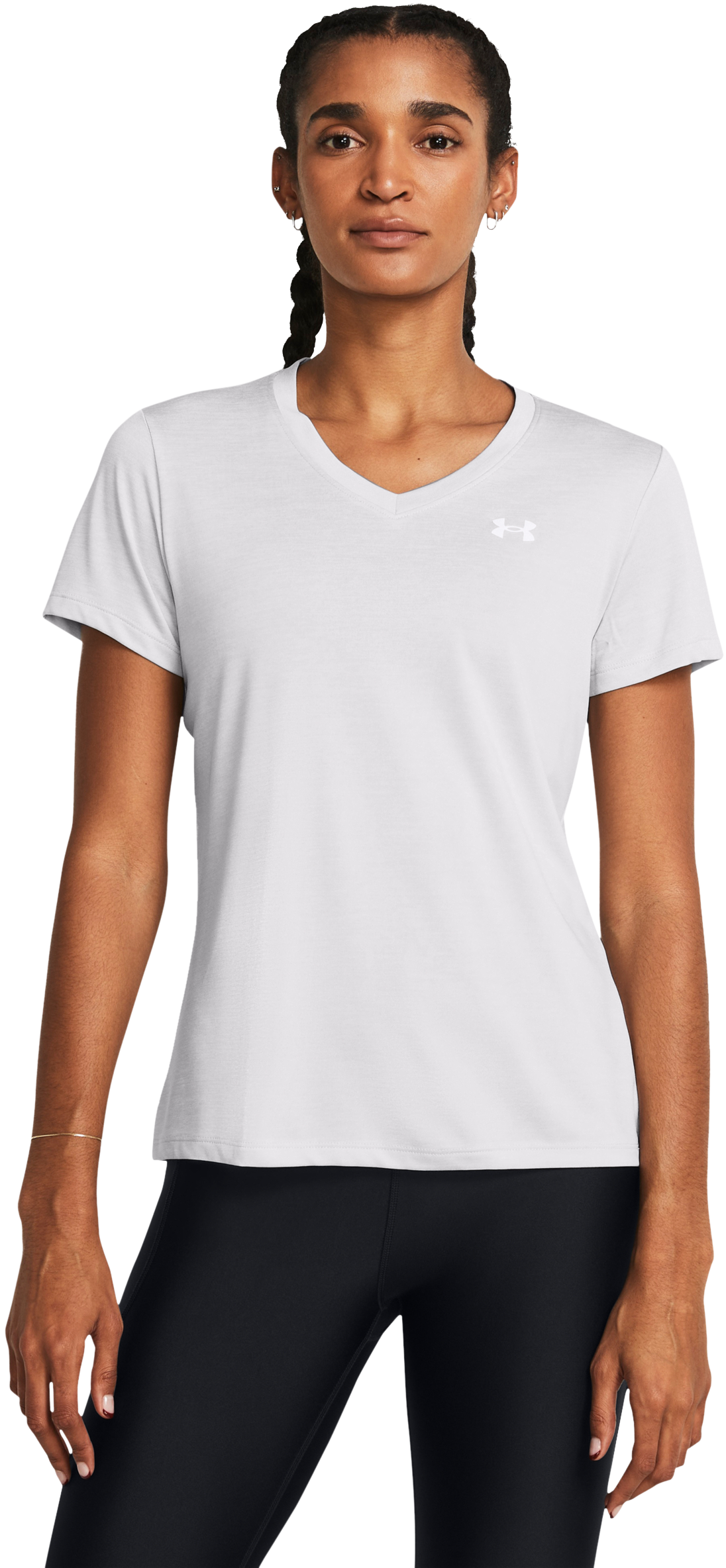 Image of Under Armour Tech Twist Short-Sleeve V-Neck T-Shirt for Ladies - Halo Gray/White/White