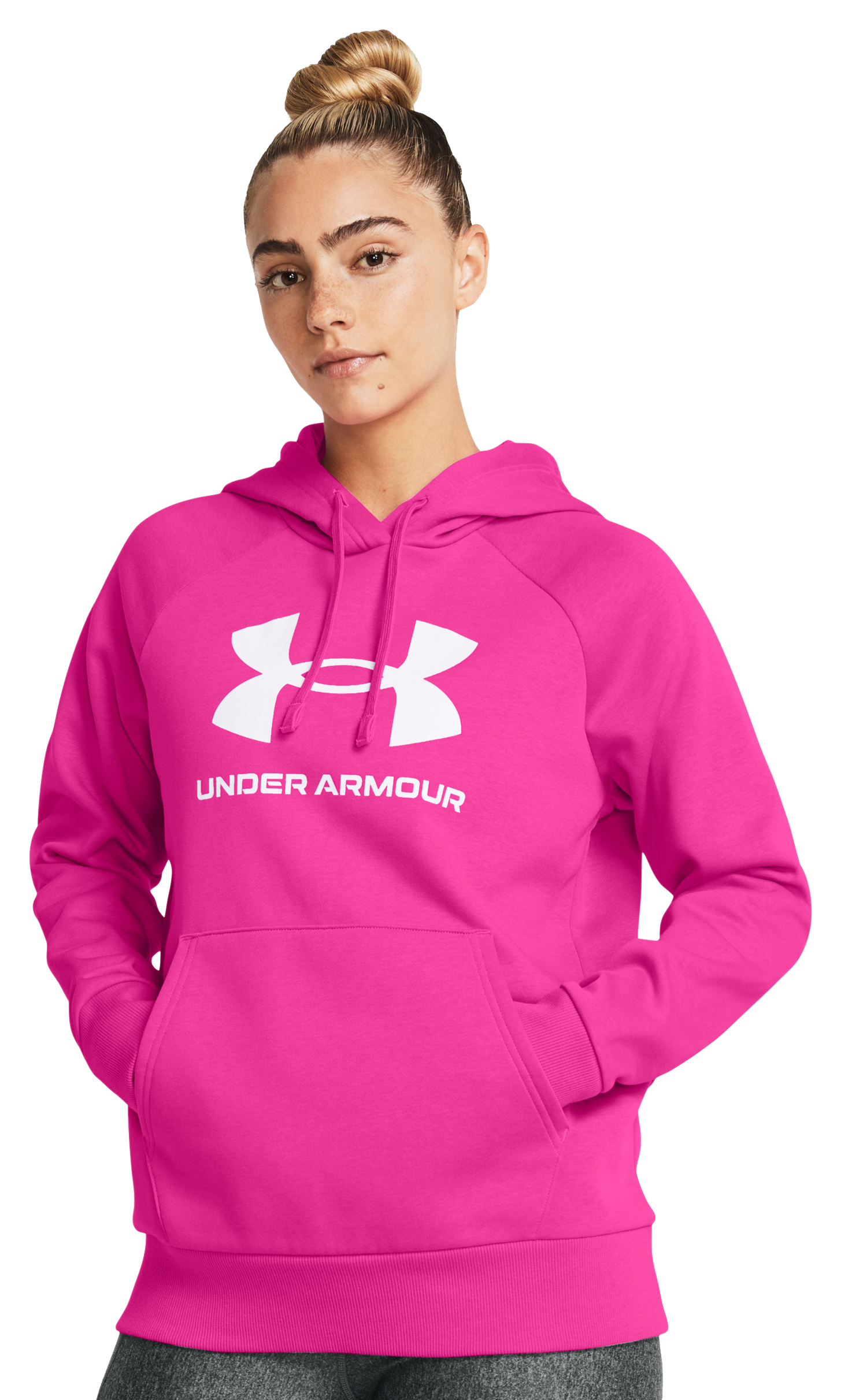 Image of Under Armour Rival Fleece Big Logo Long-Sleeve Hoodie for Ladies - Rebel Pink/White - XS