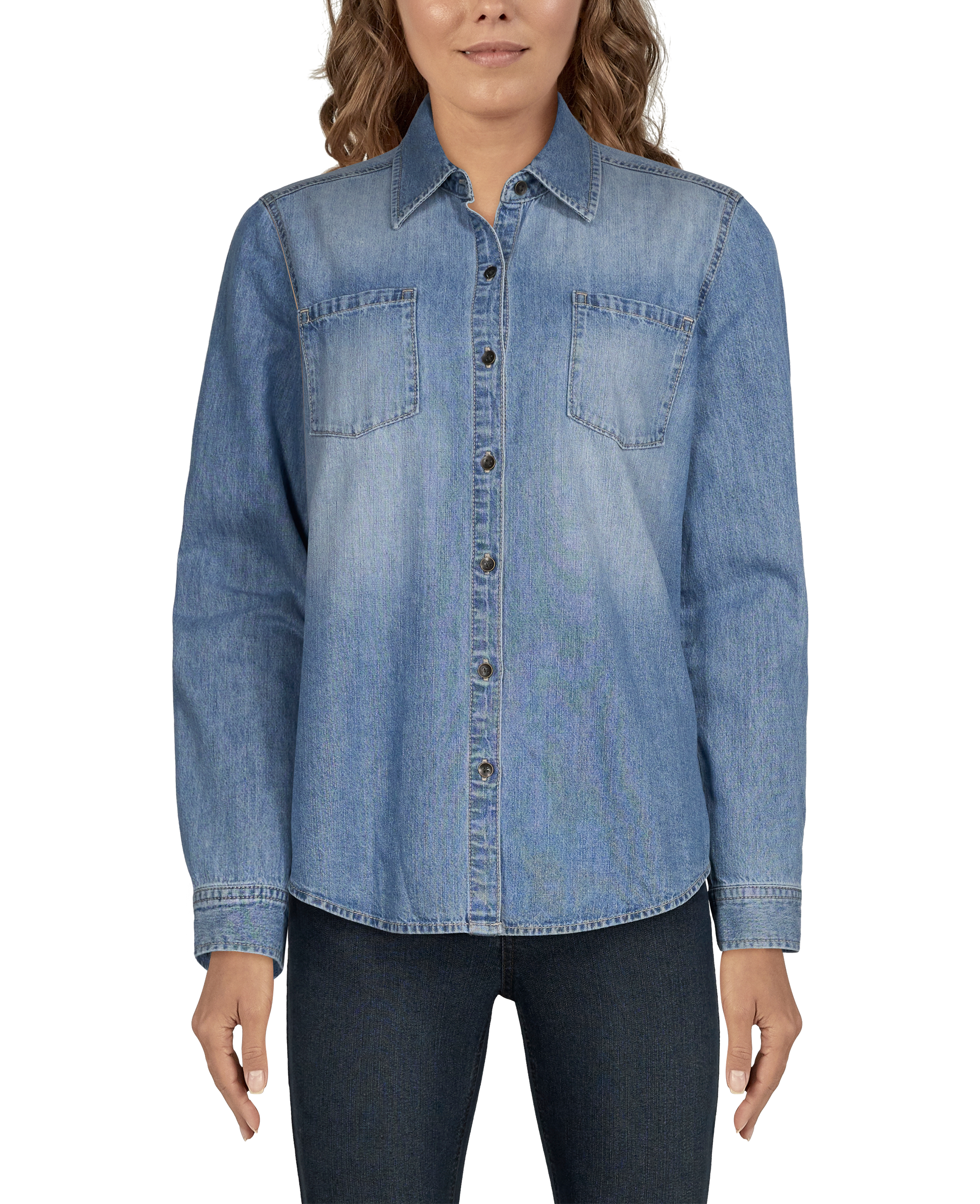 Image of Natural Reflections Button-Down Denim Long-Sleeve Shirt for Ladies - Light Indigo - S