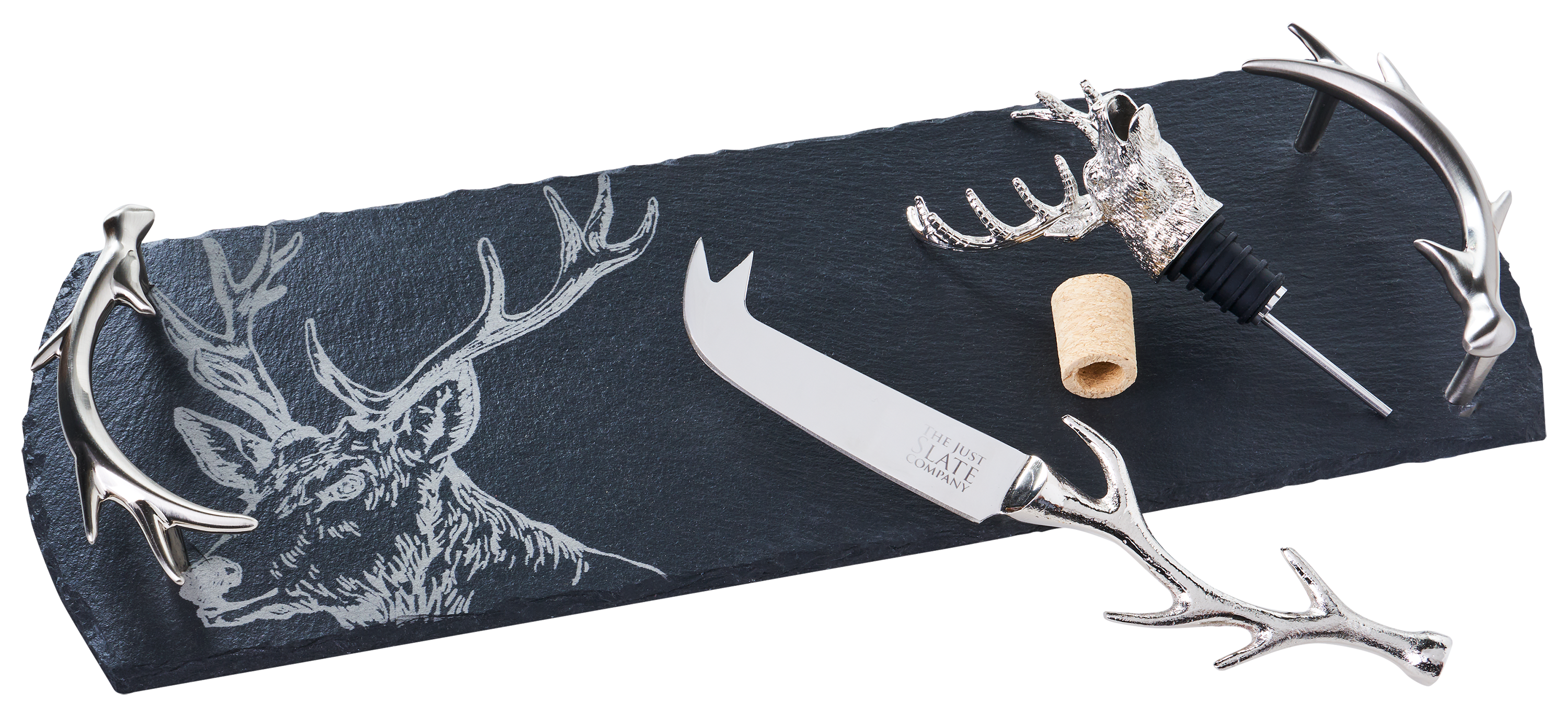 Image of Selbrae House Stag Slate Tray, Cheese Knife, and Bottle Pourer Set