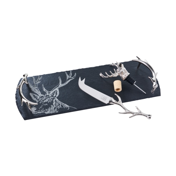 Selbrae House Stag Slate Tray, Cheese Knife, and Bottle Pourer Set