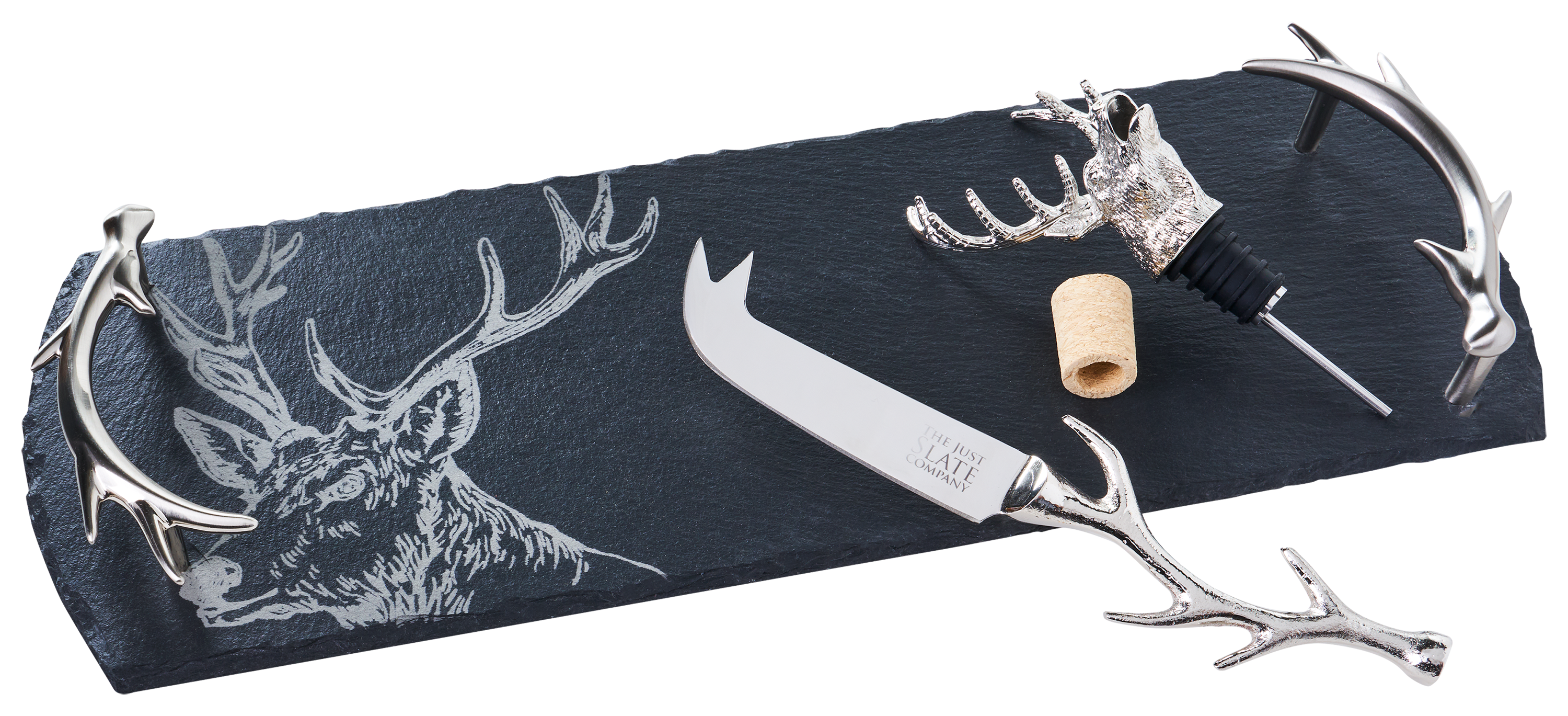 Selbrae House Stag Slate Tray, Cheese Knife, and Bottle Pourer Set