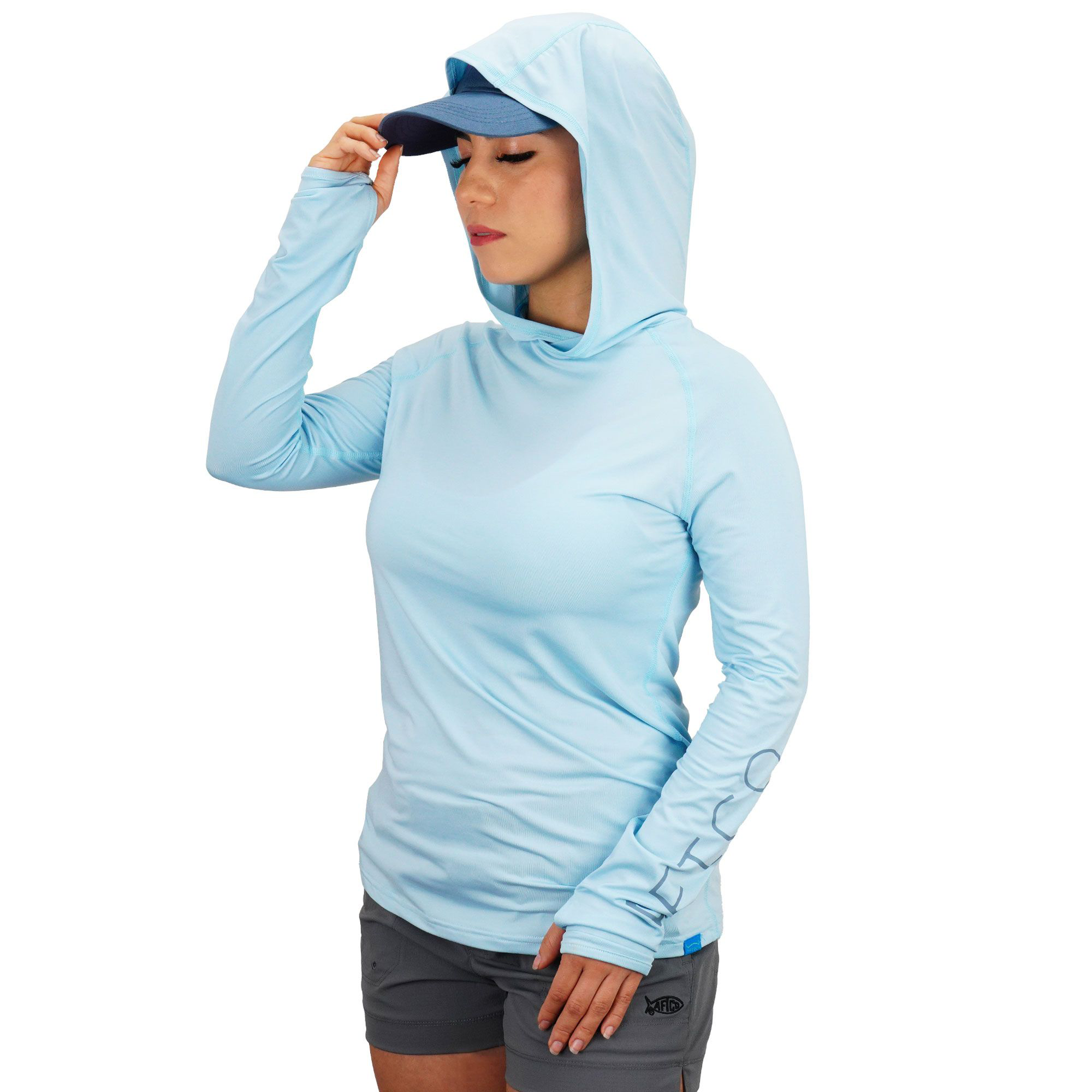 Image of AFTCO Samurai Hooded Sun Shirt for Ladies - Sky Blue